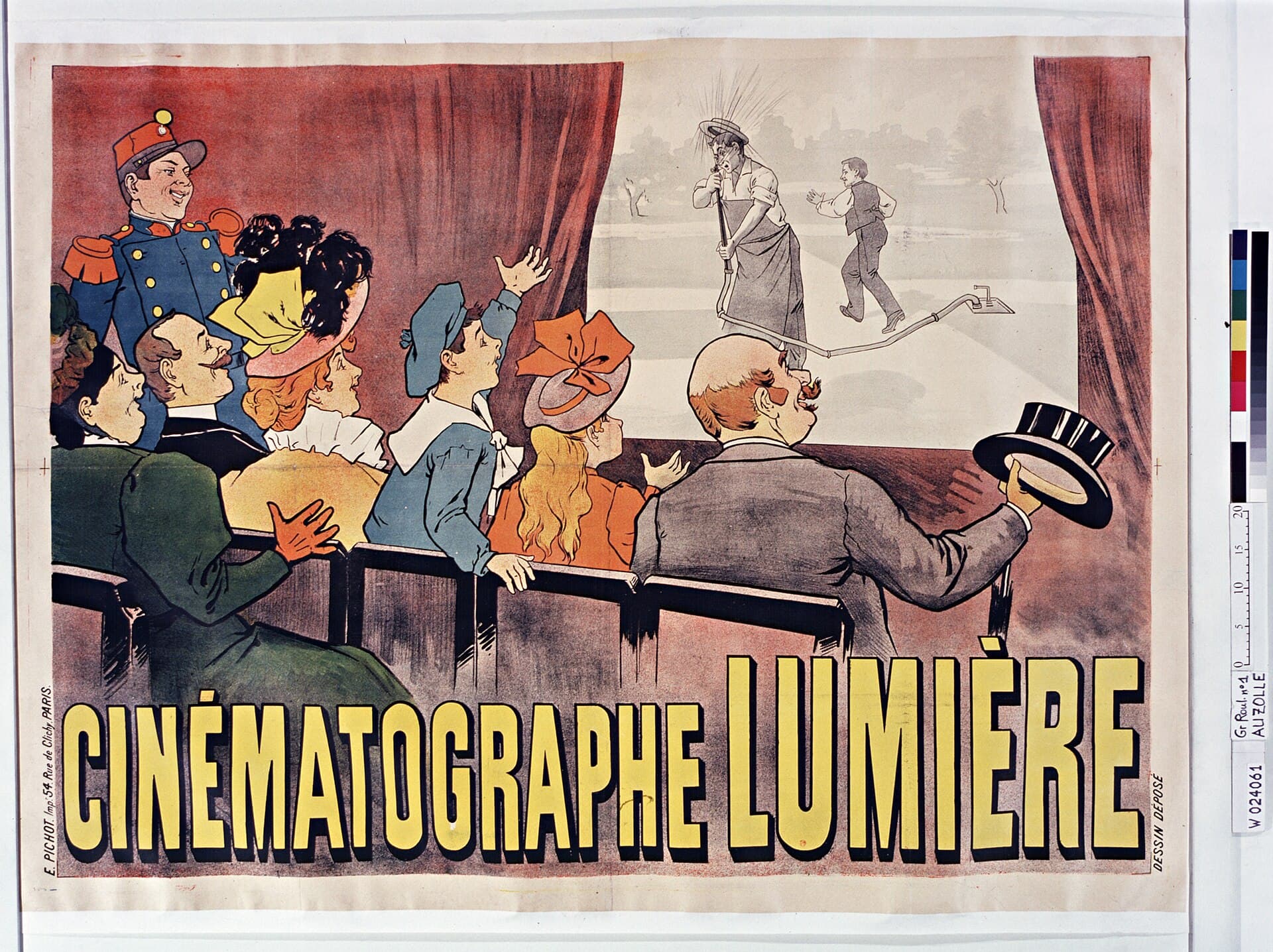 Marcellin Auzolle, plakat Cinématographe Lumière, 1896 — publiczność zaśmiewa się na pokazie Polewacza polewanego