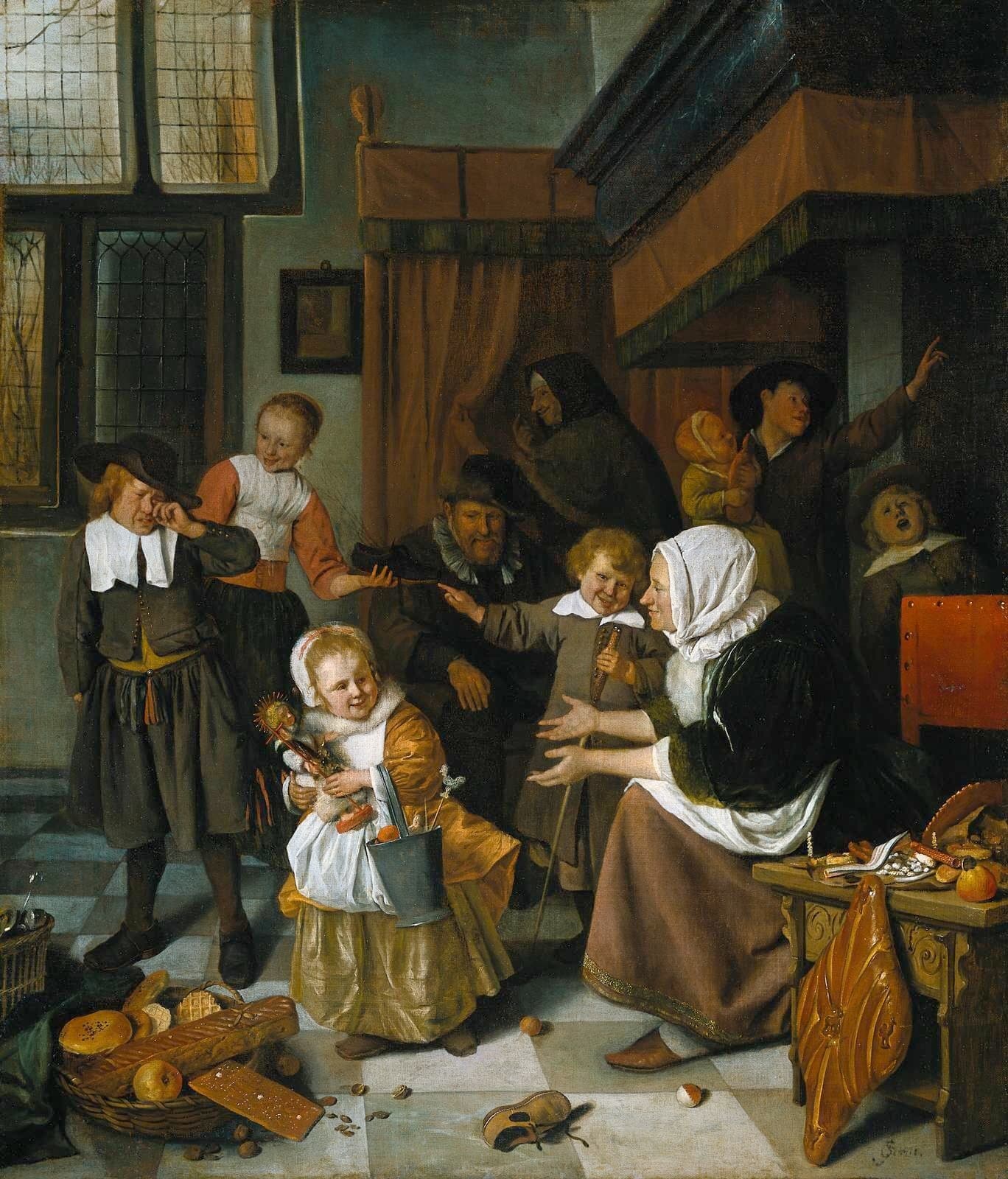 Jan Steen, Święto św. Mikołaja, ok. 1665, Rijksmuseum w Amsterdamie - gwarna, pełna ruchu scena rodzinna w mikołajkowy wieczór: w centrum mała dziewczynka w złocistej sukience tuli prezenty i wiaderko pełne łakoci, obok chłopiec zanosi się płaczem, bo zamiast podarku znalazł w bucie rózgę, a dorośli - rodzice, babka - krzątają się i komentują wokół; cała kompozycja oddaje świat widziany na wysokości dziecięcych przeżyć, gdzie radość i zawód są ogromne