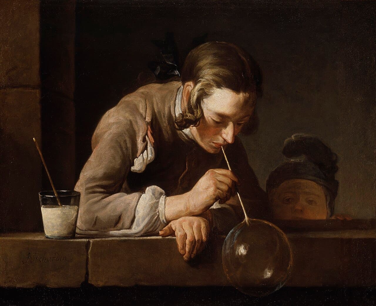 Jean Siméon Chardin, Bańki mydlane, ok. 1734 - młodzieniec dmucha ze słomki wielką napęczniałą bańkę mydlaną, która wisi u progu pęknięcia