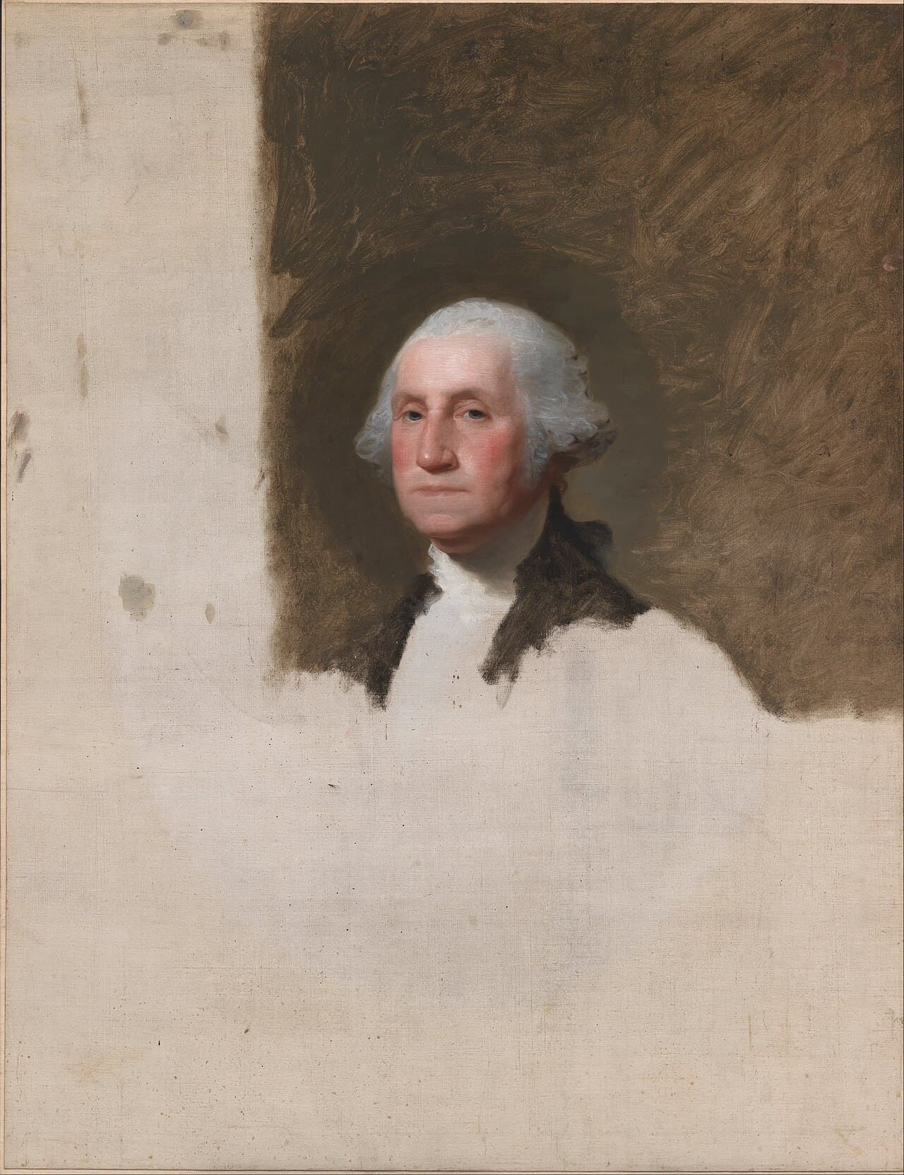 Gilbert Stuart, Jerzy Waszyngton, portret z Athenaeum, 1796, olej na płótnie - obraz niedokończony: wymalowana do końca głowa starszego mężczyzny w siwej, upudrowanej peruce z lokami nad uszami, twarz zwrócona niemal wprost, rumiane policzki, pod brodą wysoki biały halsztuk, a kołnierz ciemnego surduta zaznaczony tylko kilkoma pociągnięciami pędzla; wokół głowy nieregularna plama brązowego tła, urwana twardą krawędzią, natomiast lewy pionowy pas obrazu i cała dolna połowa to jasne, surowe płótno bez farby, z kilkoma ciemnymi plamkami przy brzegu
