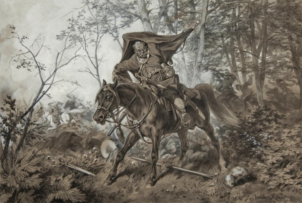 Juliusz Kossak, Zagłoba zdobywa chorągiew (1886) — sepiowy rysunek: tęgi, wąsaty szlachcic na koniu wyjeżdża z zagajnika, trzymając w górze zdobyty sztandar, którego płótno opada mu na głowę i ramiona; w mgle między drzewami trwa jeszcze potyczka jeźdźców, a na pierwszym planie leżą porzucona szabla, hełm i poległy.