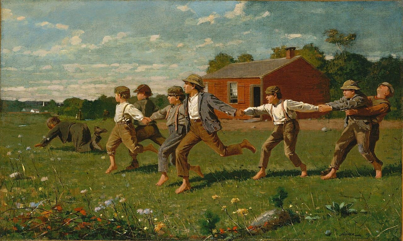 Winslow Homer, Snap the Whip, 1872, Metropolitan Museum of Art - na słonecznej łące przed małą czerwoną wiejską szkołą gromada bosych chłopców w czapkach i szelkach gra w grę zręcznościową: trzymają się za ręce, tworząc długi łańcuch, który gwałtownie zakręca, a dwóch chłopców z końca traci równowagę i pada na trawę; obraz beztroskiego dzieciństwa z nutą nostalgii