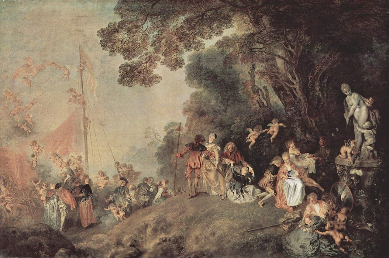 Antoine Watteau, Pielgrzymka na Cyterę 1717, Luwr — pary w różnych fazach romansu na drodze do wyspy Wenus, archetyp wizualny struktury komedii romantycznej