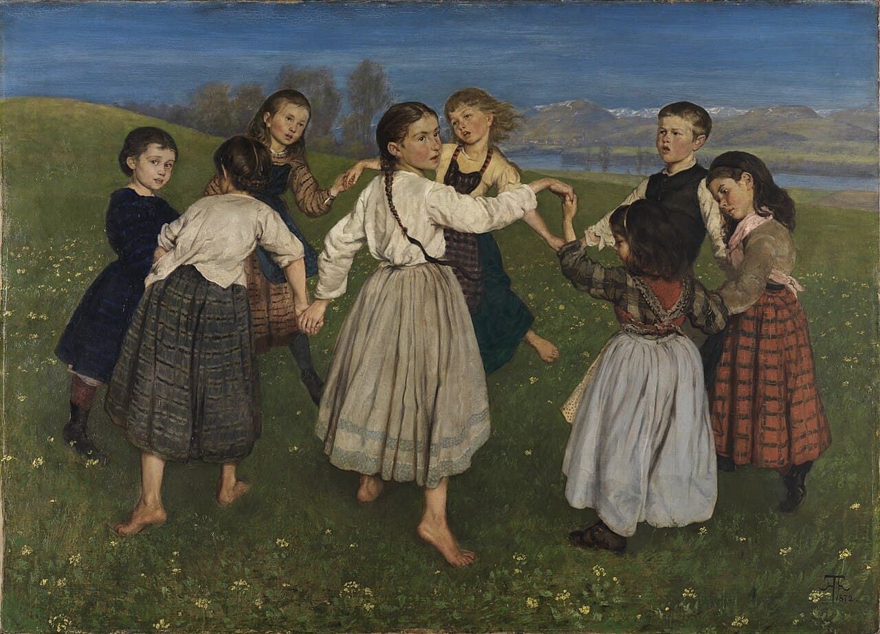 Hans Thoma, Korowód dzieci, 1872, olej na płótnie - grupka dzieci ujętych dłoń w dłoń tworzy zamknięty krąg taneczny na trawiastym wzgórzu, na tle rozległego krajobrazu; figury połączone uchwytami rąk w jedną sieć, w której każda postać wiąże się z sąsiadami