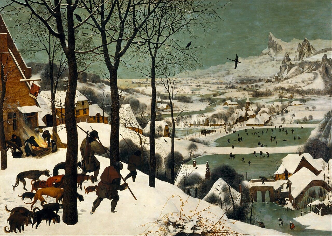 Pieter Bruegel starszy, Myśliwi w śniegu, 1565, Kunsthistorisches Museum w Wiedniu - zimowy pejzaż widziany z wysoka: na pierwszym planie po lewej trzej znużeni myśliwi z sforą psów schodzą ze wzgórza ku dolinie, w dole rozciąga się ośnieżona wioska z zamarzniętymi stawami, na których dziesiątki maleńkich postaci jeżdżą na łyżwach, dalej młyn wodny i ostre górskie szczyty na horyzoncie; całą rozległą scenę ogarnia się jednym spojrzeniem z góry