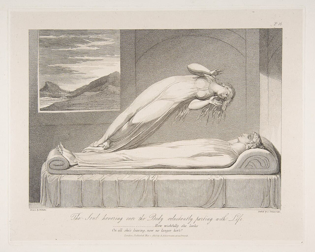 Rycina według Williama Blake'a, Dusza unosząca się nad ciałem, 1808 - zmarły jako unosząca się, eteryczna dusza wzbija się nad własnym łożem śmierci, na którym spoczywa bezwładne ciało; dusza ogląda się za siebie i z żalem patrzy na porzucane ciało oraz świat, który opuszcza, jakby spoglądała już z drugiej strony życia