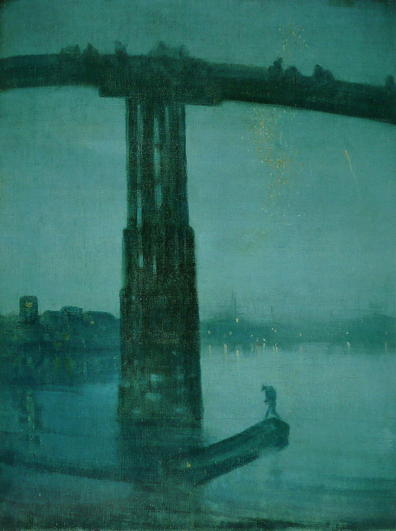 James McNeill Whistler, Nokturn: błękit i złoto, ok. 1872 — pionowe płótno utrzymane w jednej zielonkawo-błękitnej gamie; przez środek biegnie w górę ciemny, masywny filar drewnianego mostu, którego przęsło przecina obraz tuż pod górną krawędzią, a po nim majaczą drobne sylwetki przechodniów; na dole przez wodę sunie płaska barka z jedną stojącą postacią, w głębi tlą się nikłe światła przeciwległego brzegu, a w prawym górnym rogu rozsypują się złote iskry sztucznych ogni