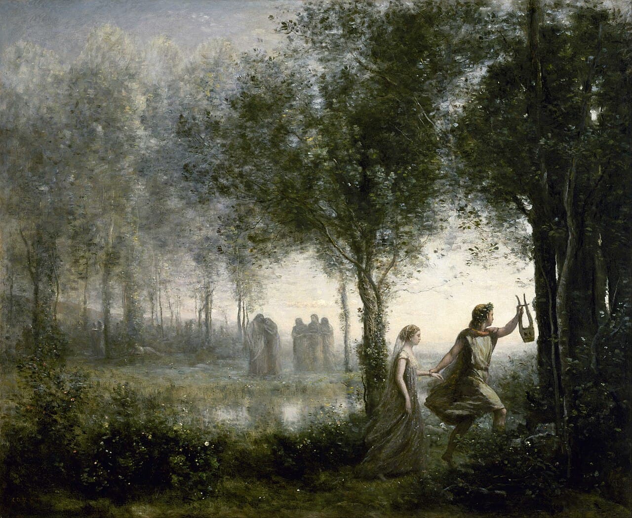 Jean-Baptiste-Camille Corot, Orfeusz wyprowadzający Eurydykę z podziemi 1861, Museum of Fine Arts w Houston — Orfeusz z uniesioną lirą prowadzi Eurydykę za rękę ku światłu przez mglisty, senny las podziemi, w którym majaczą sylwetki zmarłych; wzrok wbity przed siebie, bo nie wolno mu obejrzeć się za siebie