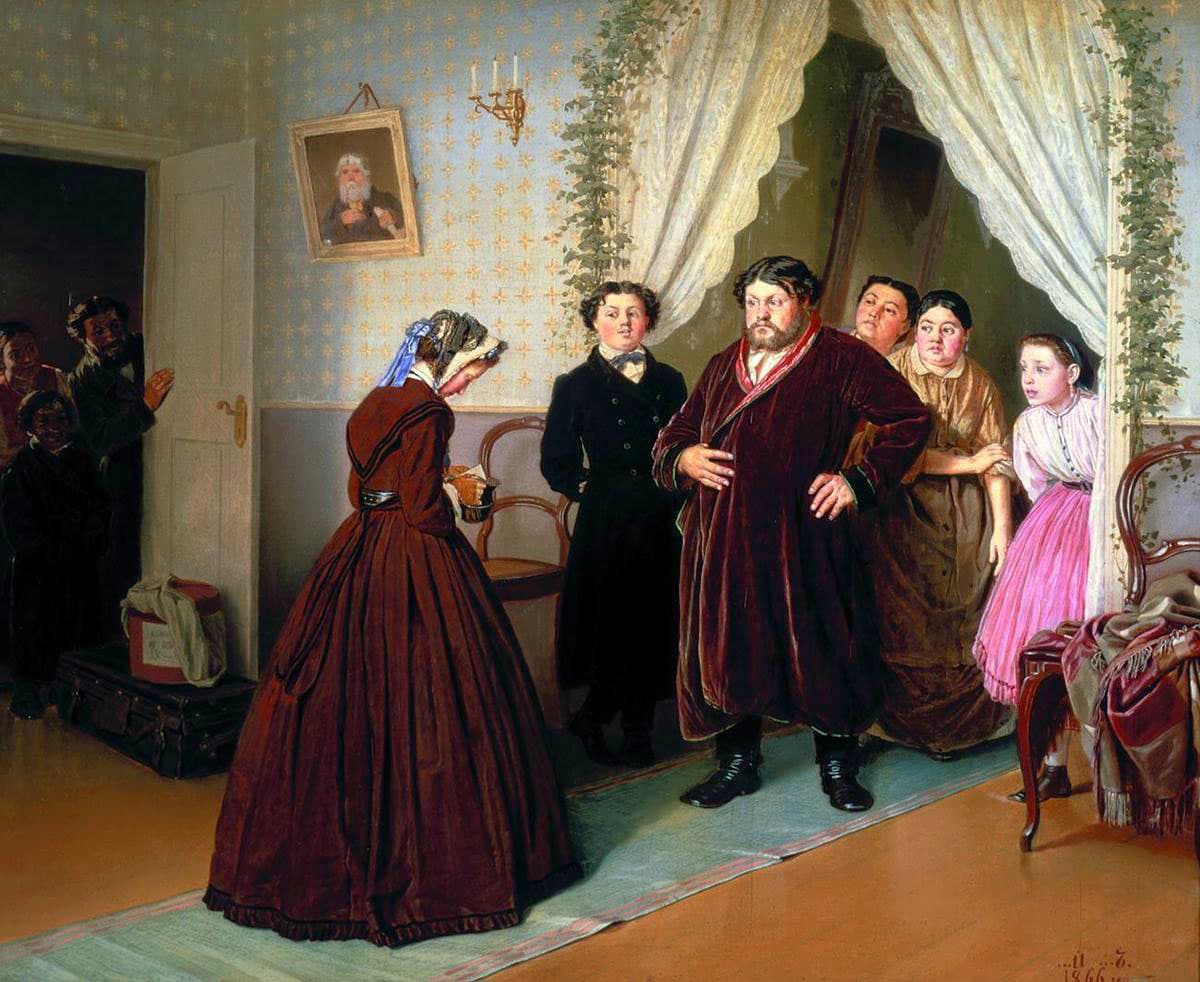 Wasilij Pierow, Przyjazd guwernantki do domu kupca (1866) - salon zamożnego domu. Przy otwartych drzwiach po lewej stoi młoda kobieta w ciemnoczerwonej sukni i czepku, z pochyloną głową, z rękami przy torebce. Naprzeciw niej tęgi mężczyzna w bordowym aksamitnym szlafroku, z rękami wspartymi na biodrach. Za nim chłopiec w czarnym surducie, dwie kobiety i dziewczynka w różowej spódnicy wychylają się zza udrapowanej zasłony. W ciemnym przejściu po lewej tłoczy się kilkoro służby. Przy progu stoją kufer i okrągłe pudło.