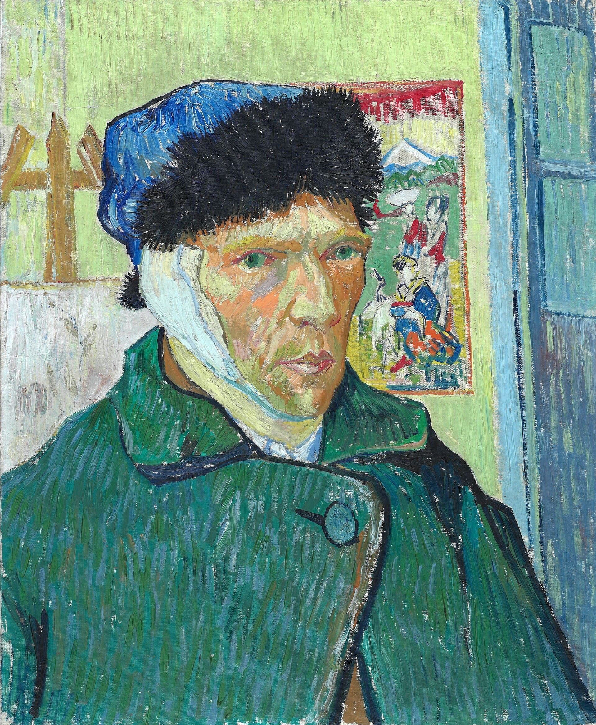 Vincent van Gogh, Autoportret z obandażowanym uchem 1889, Courtauld Institute Londyn - mężczyzna w niebieskiej futrzanej czapce i ciemnozielonym płaszczu, ucho i policzek owinięte grubym białym bandażem sięgającym pod brodę, wzrok skierowany obok widza; za nim jasnozielona ściana, z lewej belki sztalugi, z prawej kolorowy japoński drzeworyt i niebieskie drzwi