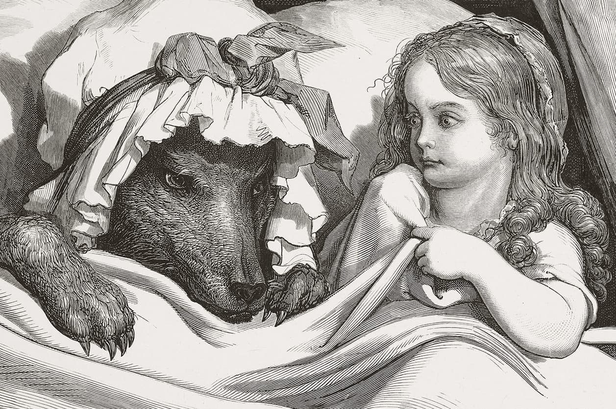 Gustave Doré, ilustracja do Czerwonego Kapturka z baśni Charlesa Perraulta (ok. 1862) - drzeworytnicza rycina: w łożu, pod jedną pościelą, leżą obok siebie dziewczynka w czepku i wilk przebrany za babcię, którego łapa z pazurami spoczywa na prześcieradle; napięta chwila tuż przed atakiem, w mrocznej, oryginalnej wersji baśni