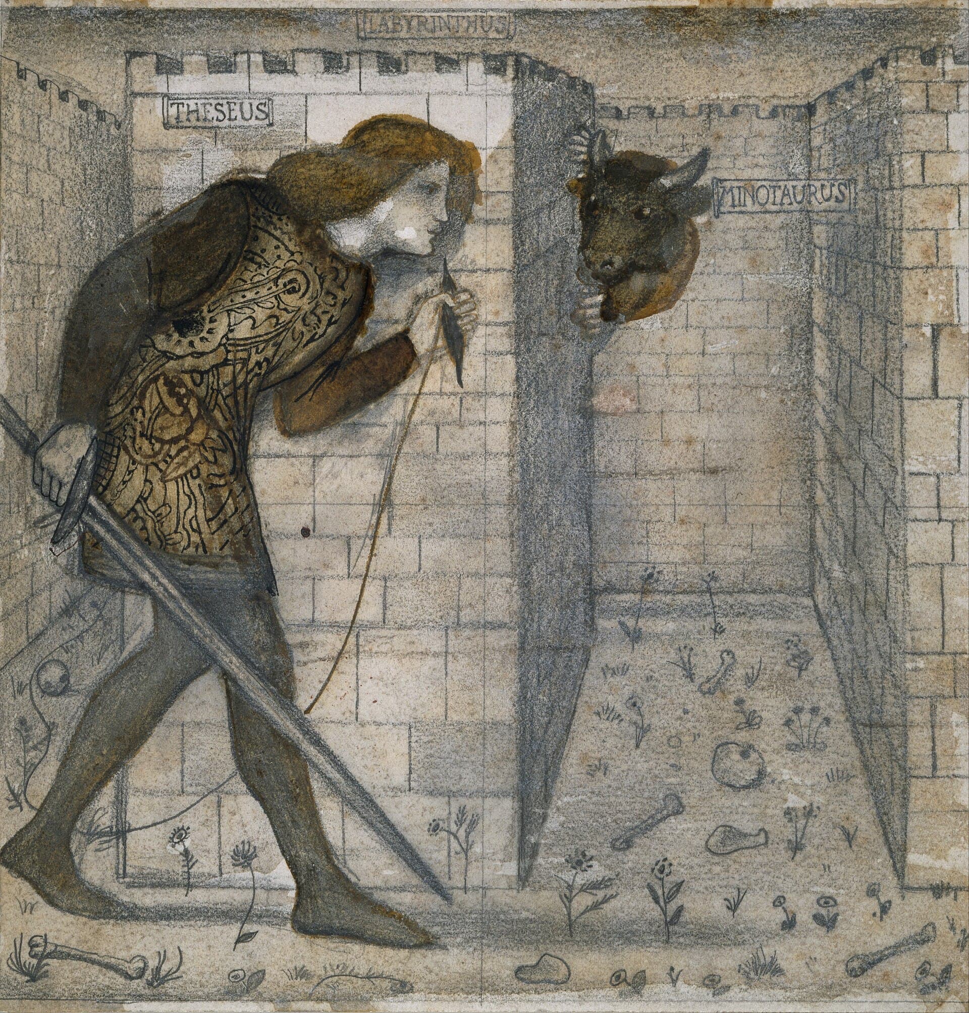 Edward Burne-Jones, Tezeusz i Minotaur w labiryncie, projekt kafla, XIX w. - rysunek ołówkiem i akwarelą: młodzieniec w zdobnej tunice idzie ze spuszczonym mieczem wzdłuż ceglanego muru i trzyma w palcach cienką nić, a zza narożnika po prawej wychyla się rogaty łeb byka; na ziemi leżą kości i pojedyncze chwasty, u góry łacińskie napisy THESEUS, LABYRINTHUS i MINOTAURUS w prostokątnych ramkach