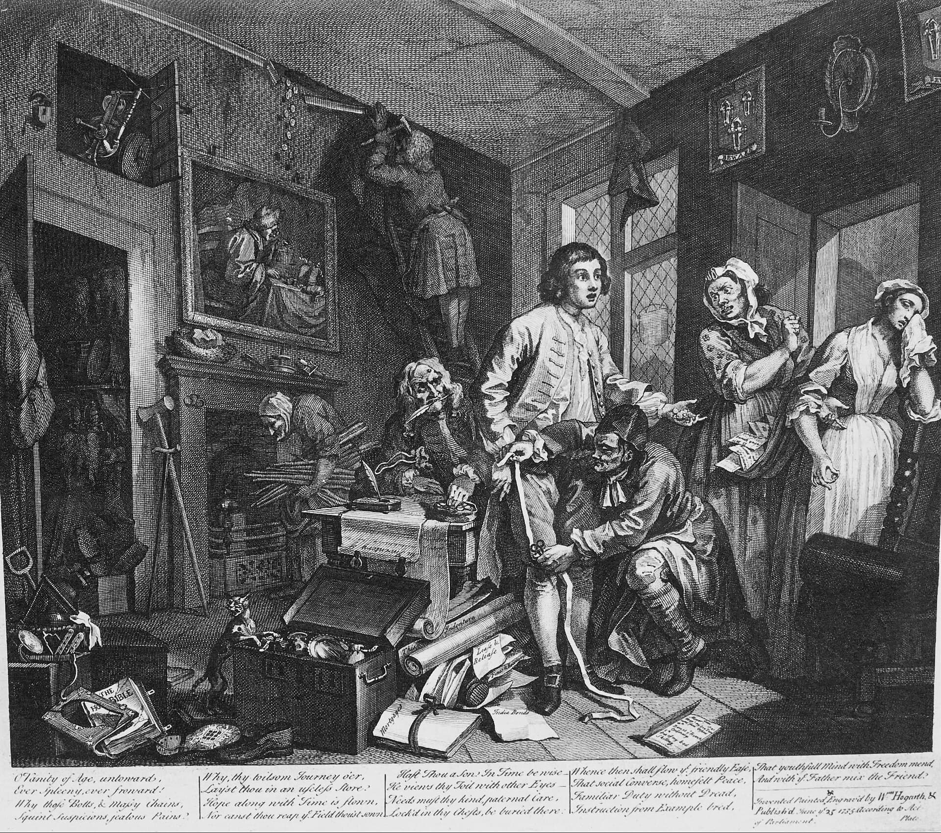 William Hogarth, A Rake's Progress, plansza I, rycina z 1735 roku - w zagraconym pokoju młody dziedzic stoi pośrodku z otwartymi ustami, klęczący krawiec przykłada mu miarę do nogi, a on wyciąga drugą rękę z monetami ku płaczącej dziewczynie i jej rozwścieczonej matce, która trzyma w fartuchu plik listów; przy stole stary urzędnik z piórem w zębach sięga po monety, w głębi robotnik odrywa deski od ściany, a na podłodze leżą otwarta skrzynia ze srebrami, chudy kot, rozcięta Biblia i zwoje z napisami Mortgages, Lease & Release oraz India Bonds; pod ryciną wydrukowano wiersz i sygnaturę wydawniczą