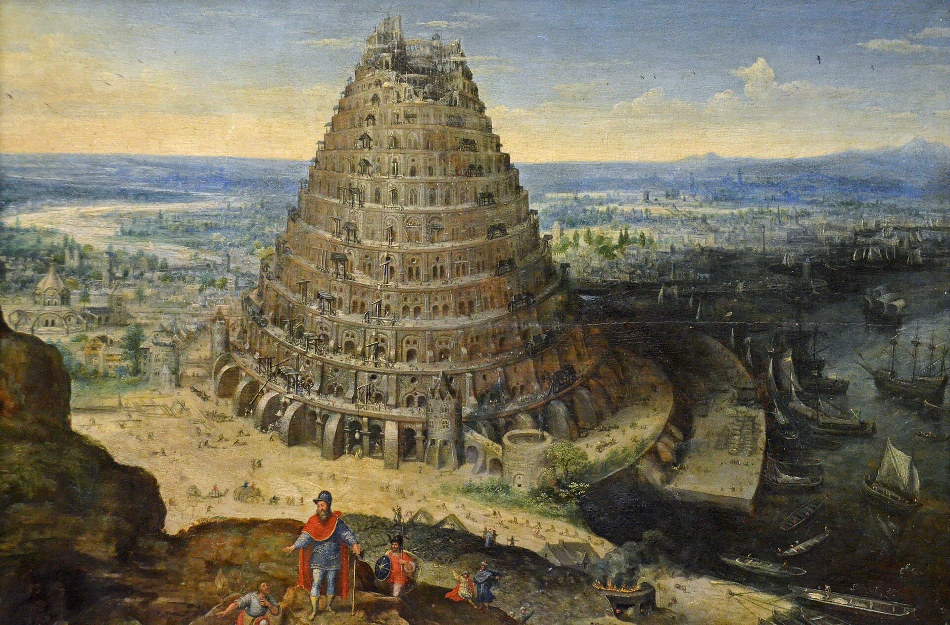 Lucas van Valckenborch, Wieża Babel, 1594 - monumentalna wieża wśród rozległego krajobrazu i tłumu budowniczych mówiących różnymi językami; obraz wielości języków i kultur