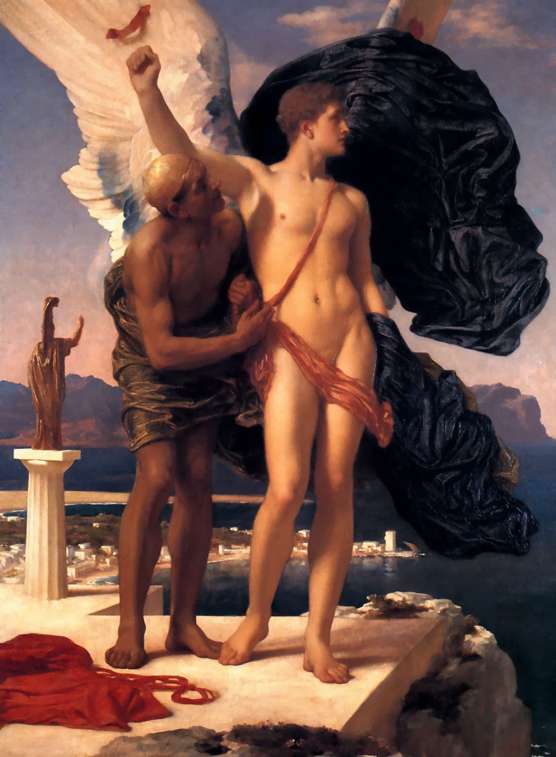 Frederic Leighton, Dedal i Ikar, ok. 1869, olej - starszy Dedal mocuje pierzaste skrzydła młodemu Ikarowi na tle słonecznego morza; ojciec zatroskany, syn pełen zapału; znana mityczna scena przed tragicznym lotem