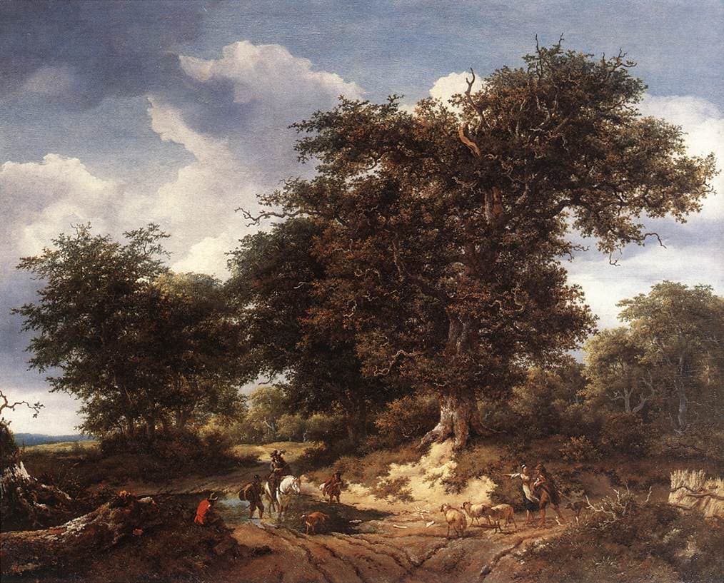 Jacob van Ruisdael, Wielki dąb, 1652, olej na płótnie - holenderski pejzaż zdominowany przez jedno potężne, rozłożyste drzewo dębu rosnące na piaszczystym rozstaju dróg; jego gruby, sękaty pień i szeroka korona górują nad krajobrazem, górne gałęzie są nadwątlone przez wiatr, a przy drzewie widać kilka drobnych ludzkich postaci na tle rozległego, zachmurzonego nieba