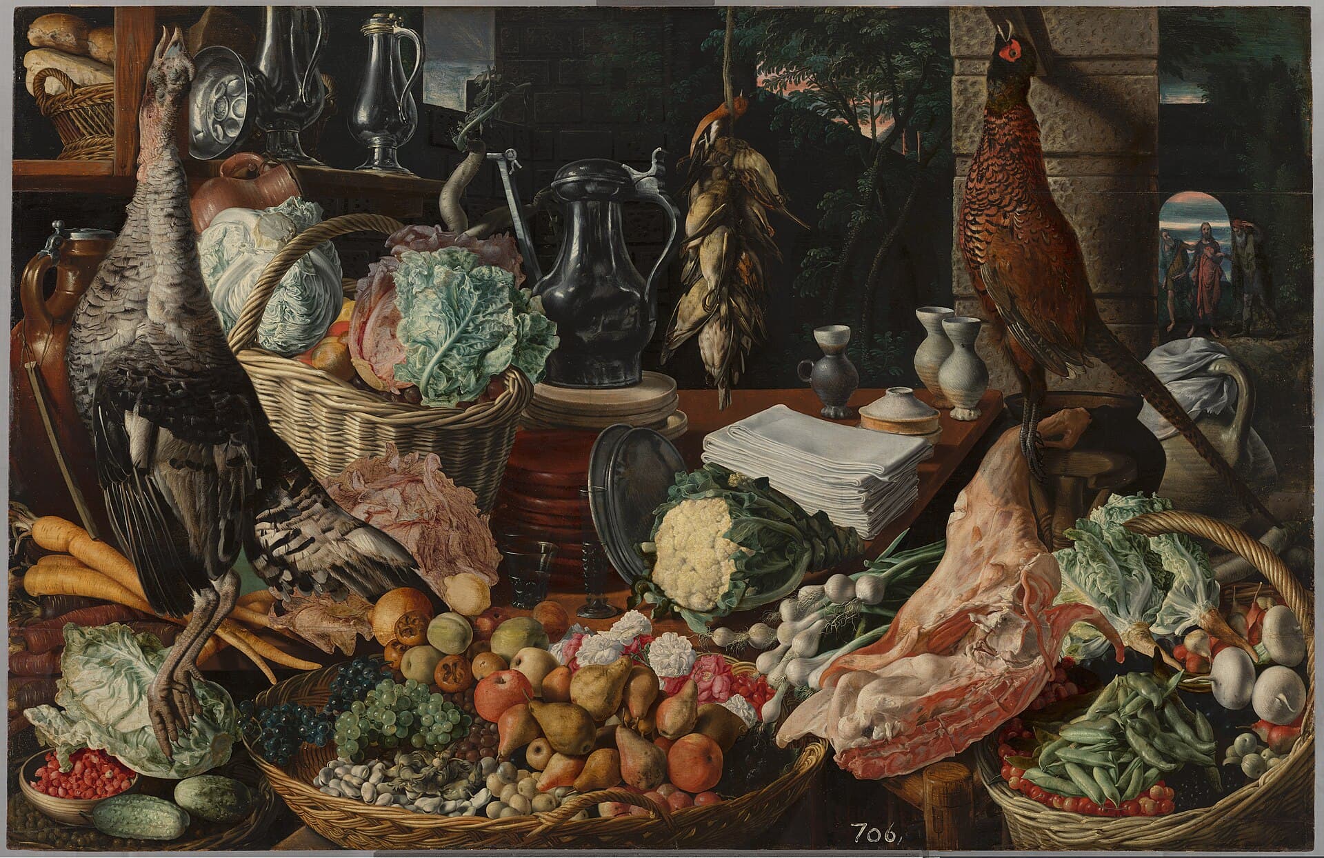 Joachim Beuckelaer, Scena kuchenna z Chrystusem w Emaus, ok. 1565 - stół i podłoga zastawione jedzeniem, ubity indyk oparty o kosz kapusty, marchew, kosze gruszek i winogron, płaty surowego mięsa, kalafior, cynowe dzbany i stos złożonego płótna, z prawej stoi bażant o długim ogonie; w łukowatym prześwicie w prawym górnym rogu trzy drobne postacie przy stole