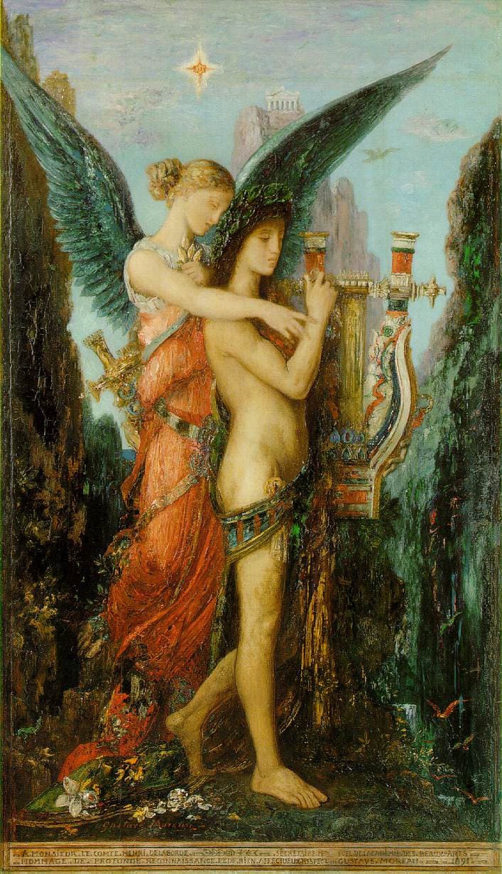 Gustave Moreau, Hezjod i Muza, 1891, olej na desce - w wąskim ciemnozielonym wąwozie stoi bosy nagi młodzieniec z ozdobną przepaską, obiema rękami trzyma wysoką rzeźbioną lirę; tuż za nim kobieta w pomarańczowej szacie, o wielkich granatowozielonych skrzydłach, pochyla głowę nad jego ramieniem; nad nimi jasna gwiazda, w głębi mała świątynia na skale