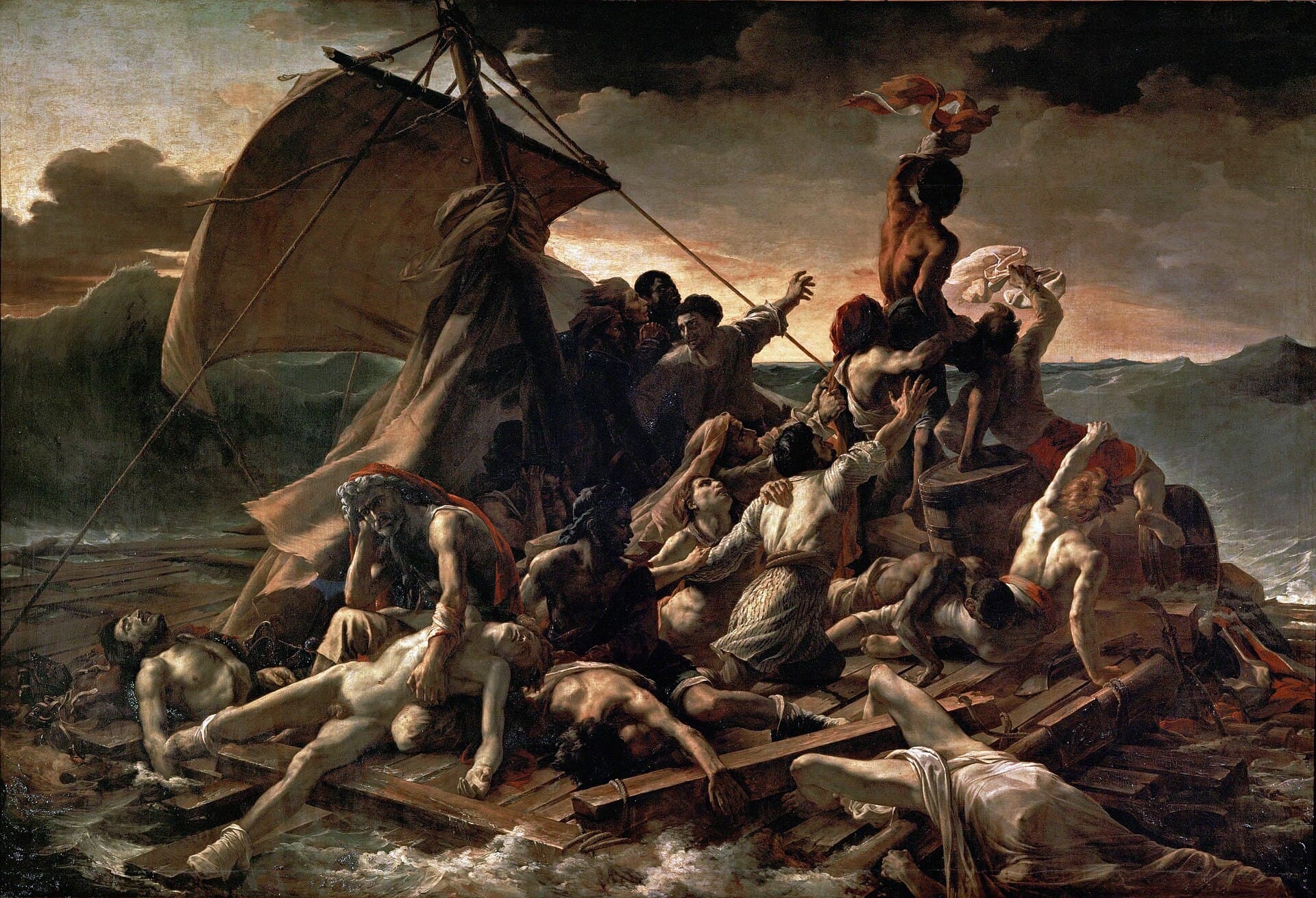 Théodore Géricault, Tratwa Meduzy 1818-19, Luwr — obraz pięciometrowy zbudowany na dokumentacji z dwoma ocalonymi, modelem tratwy w studio i trupami ze szpitala, archetyp adaptacji prawdziwej historii
