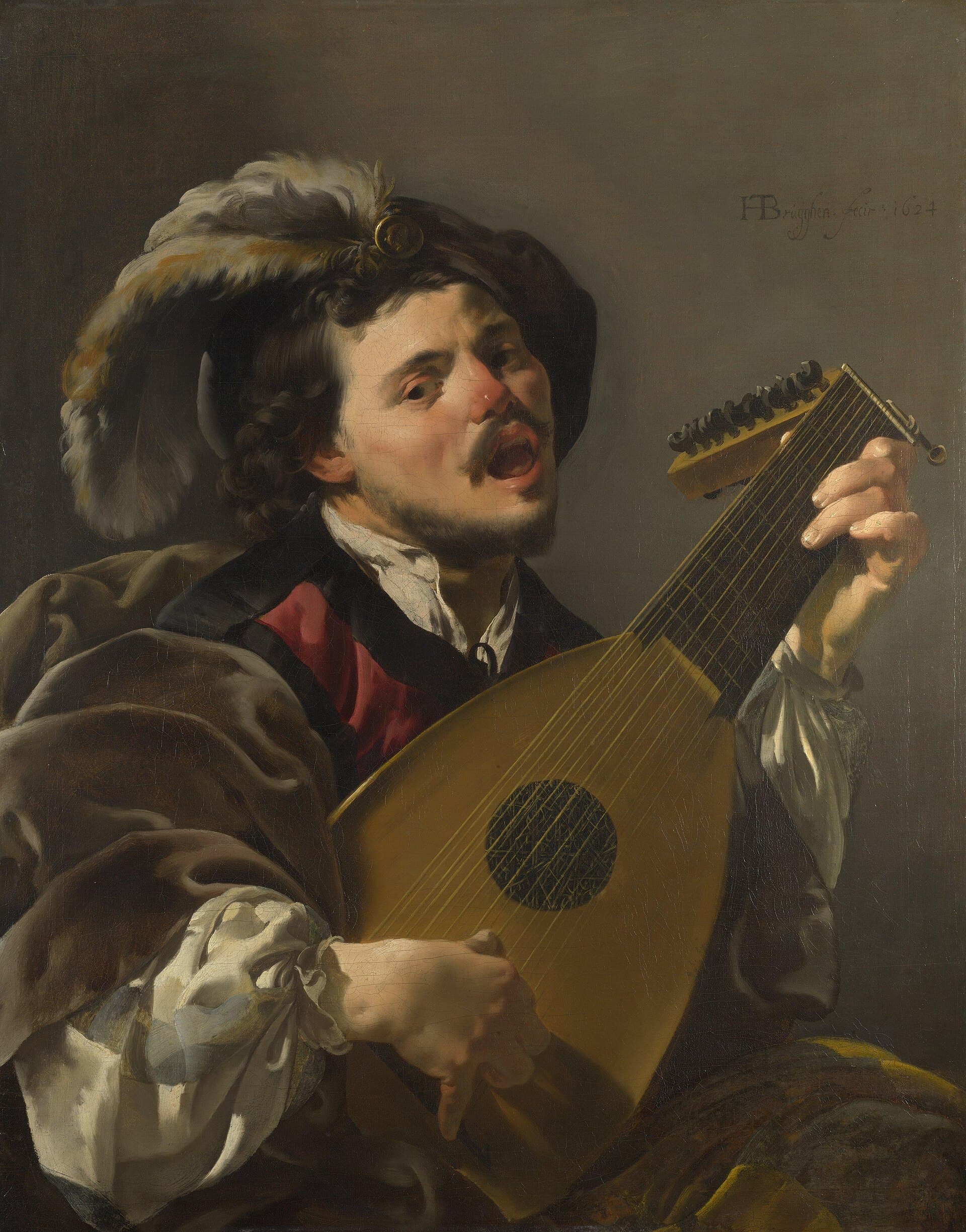 Hendrick ter Brugghen, Śpiewający lutnista (1624), National Gallery w Londynie — młody mężczyzna w futrzanej czapce z piórem i w brązowym płaszczu wychyla się z ciemnego tła, ma otwarte usta w połowie frazy, lewą dłonią przyciska struny na długim gryfie lutni, prawą szarpie je nad okrągłym otworem rezonansowym