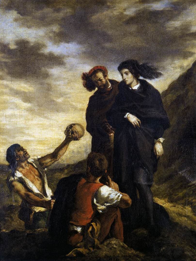 Eugène Delacroix, Hamlet i Horacy na cmentarzu, 1839 — półnagi grabarz z chustą na głowie wychyla się z wykopu i wyciąga rękę z czaszką ku dwóm mężczyznom w długich ciemnych płaszczach: starszy ma brodę i czerwony beret, młodszy długie włosy i biały kołnierzyk. Drugi grabarz w czerwonej kamizelce siedzi niżej tyłem do widza, a całą górę obrazu wypełnia żółtawe, burzowe niebo.