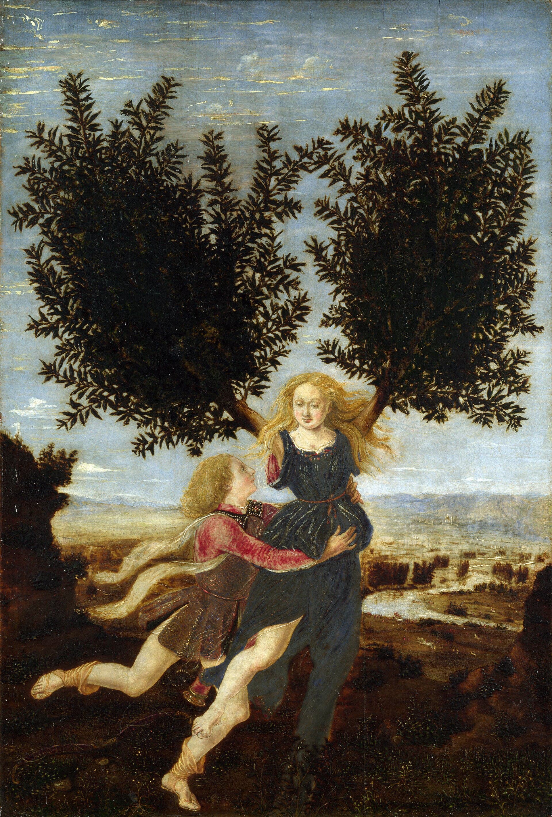 Piero del Pollaiuolo, Apollo i Dafne, ok. 1470-80, National Gallery w Londynie - szeroka dolina rzeki pod bladym niebem, młodzieniec w czerwonym kaftanie i wzorzystej spódniczce obejmuje w pasie biegnącą jasnowłosą dziewczynę w granatowej sukni; w miejscu jej rąk wyrastają dwa wysokie, ciemne krzewy wawrzynu, obie postacie mają nogi w powietrzu