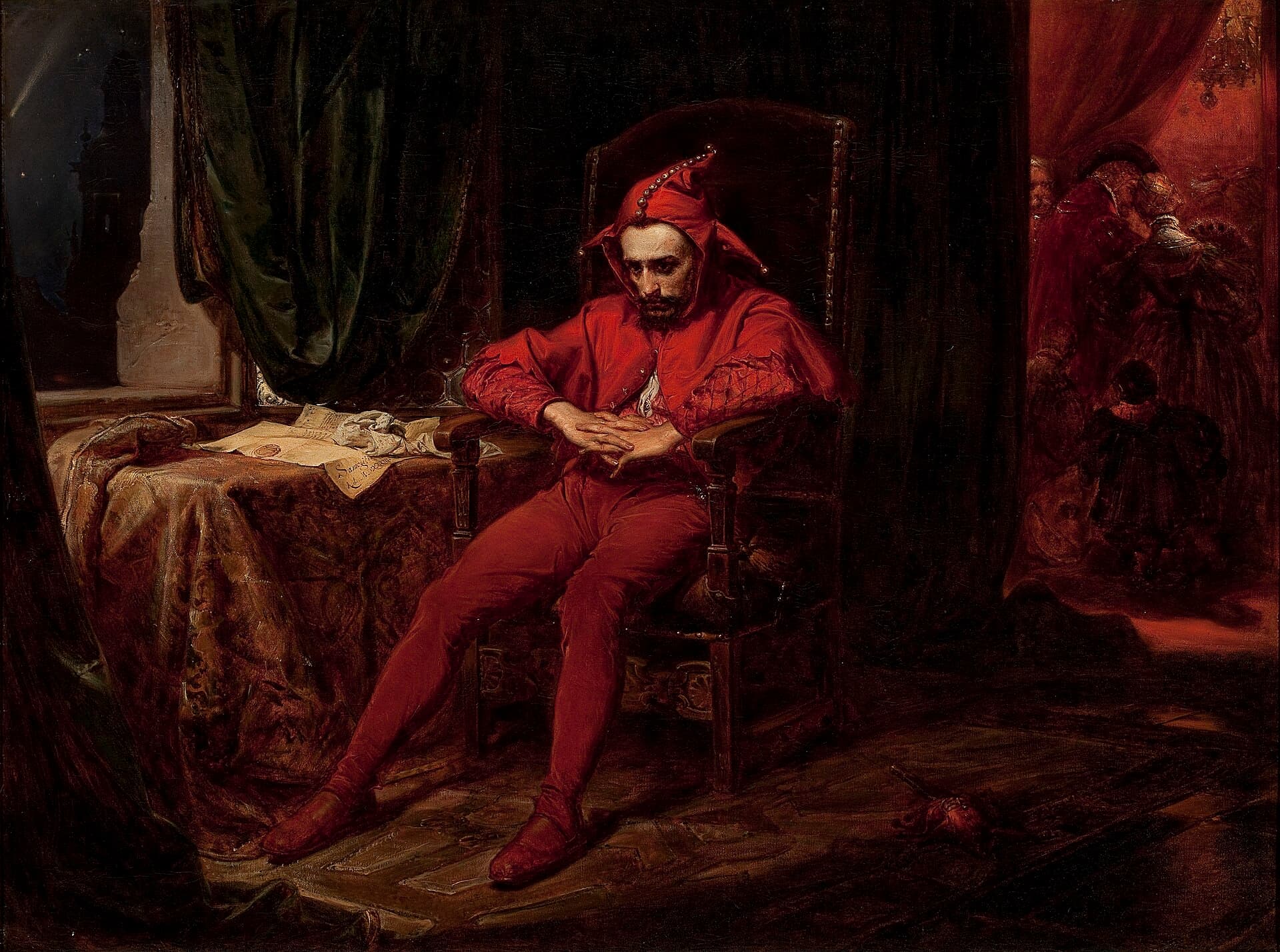 Jan Matejko, Stańczyk 1862, Muzeum Narodowe w Warszawie — błazen królewski siedzi samotnie podczas balu, myśląc o utracie Smoleńska, archetyp polskiego artysty patrzącego na historię