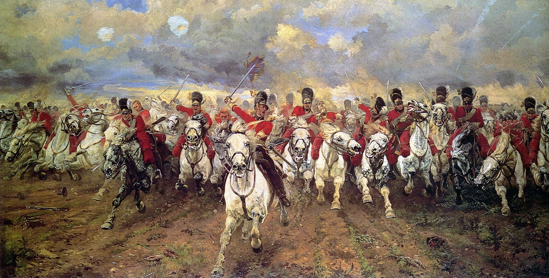 Elizabeth Thompson (Lady Butler), Szkocja na wieki!, 1881, olej - szwadron szkockich dragonów w szkarłatnych kurtkach galopuje wprost na widza w pełnym pędzie; siwe konie mają wyciągnięte szyje i rozwiane grzywy, jeźdźcy unoszą szable, a cała kompozycja oddaje narastający rozpęd szarży gnającej ku zderzeniu z niewidocznym wrogiem