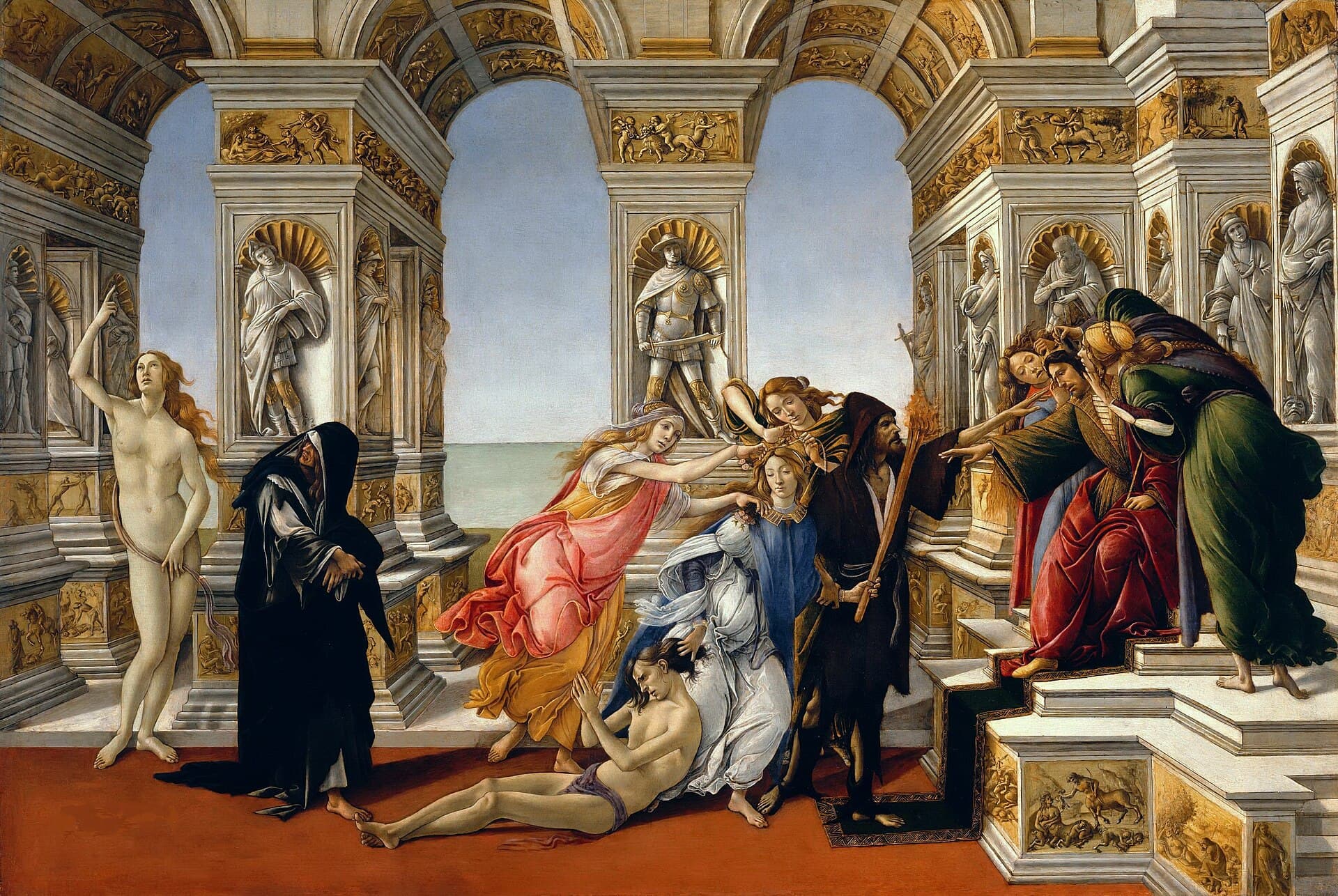 Sandro Botticelli, Potwarz Apellesa, ok. 1495, tempera - wnętrze marmurowej sali z rzeźbionymi niszami i złoconymi reliefami, otwarte na jasne niebo; na podwyższeniu siedzi mężczyzna w koronie, któremu z głowy wyrastają długie ośle uszy, po obu jego stronach pochylają się ku niemu dwie kobiety, przed tronem grupa postaci ciągnie po posadzce nagiego młodzieńca, jedna z nich trzyma pochodnię, a z boku stoi naga kobieta z ręką uniesioną w górę