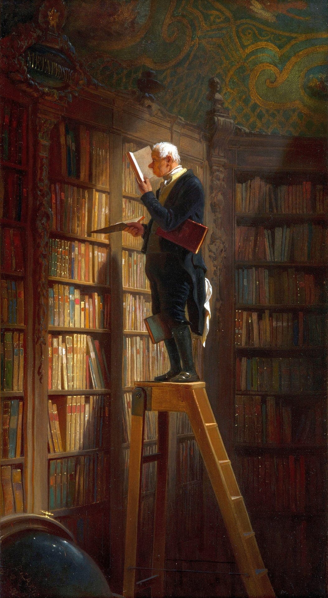 Carl Spitzweg, Mól książkowy (ok. 1850) — wąskie wnętrze biblioteki, regały sięgają poza górną krawędź obrazu; starszy mężczyzna w bryczesach i pończochach stoi wysoko na drabinie, jedną książkę trzyma tuż przy oczach, kolejną ma wciśniętą pod pachą, następną między kolanami, a światło wpada z boku i wydobywa unoszący się kurz