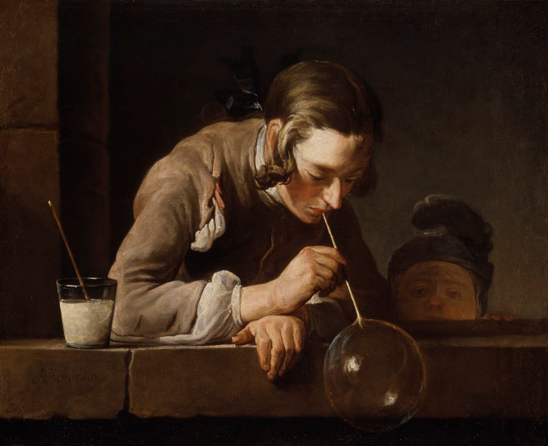 Jean Siméon Chardin, Bańki mydlane, ok. 1734 - młodzieniec dmucha ze słomki wielką napęczniałą bańkę mydlaną, która wisi u progu pęknięcia