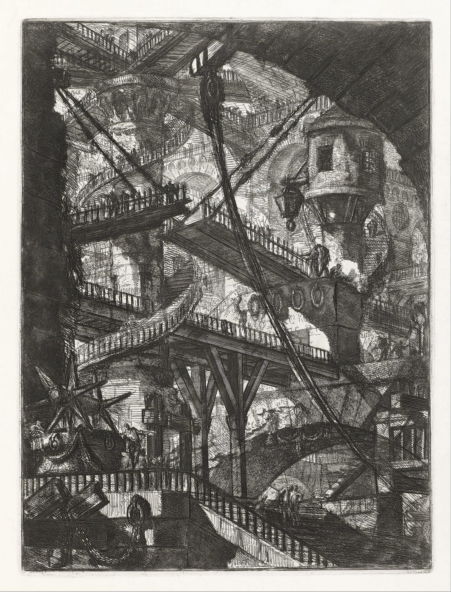 Giovanni Battista Piranesi, Most zwodzony, plansza VII z cyklu Carceri d'invenzione ok. 1750 - czarno-biała akwaforta wymyślonego wnętrza: krzyżujące się pomosty z balustradami, ukośne liny, drewniane rusztowanie, okrągła wieża z zawieszoną latarnią, schody i sklepienia znikające poza kadrem, drobne postacie ludzi na kładkach