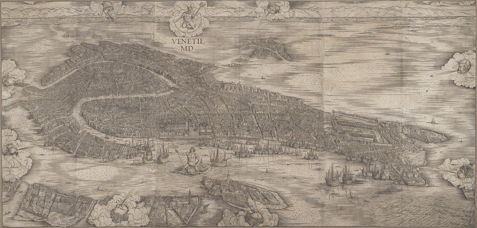 Jacopo de' Barbari, Widok Wenecji (View of Venice) 1500, drzeworyt z sześciu klocków — cała Wenecja widziana z lotu ptaka, gęsta plątanina domów, kanałów i mostów, w porcie żaglowce z masztami, w wodzie postać Neptuna, nad miastem Merkury na obłoku, przy krawędziach głowy ośmiu wiatrów w chmurach, u góry napis VENETIE MD