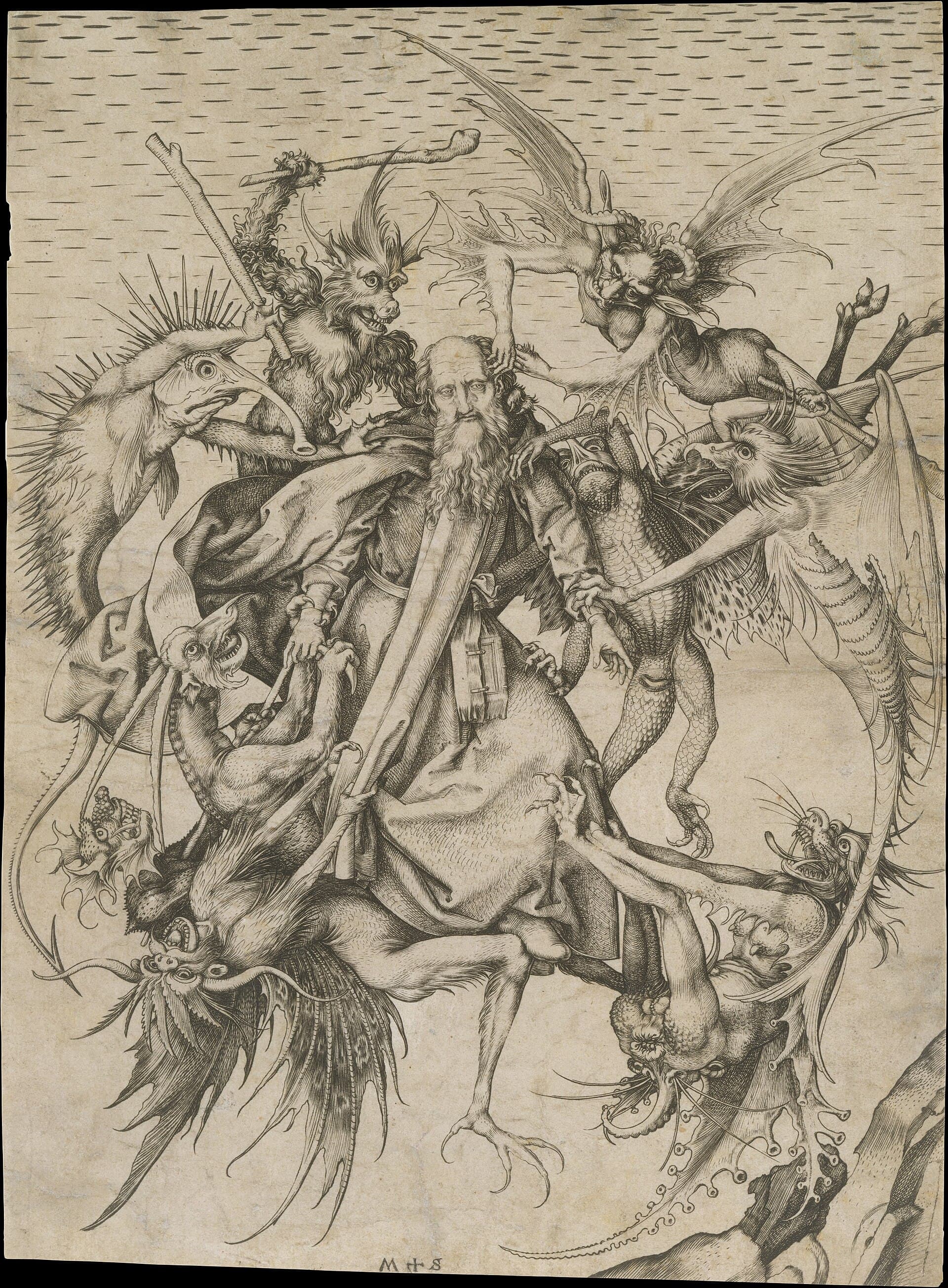 Martin Schongauer, Kuszenie świętego Antoniego (ok. 1470) — rój groteskowych demonów-hybryd o łuskach, futrze, piórach, szponach i zębach szarpie unoszącego się w powietrzu pustelnika