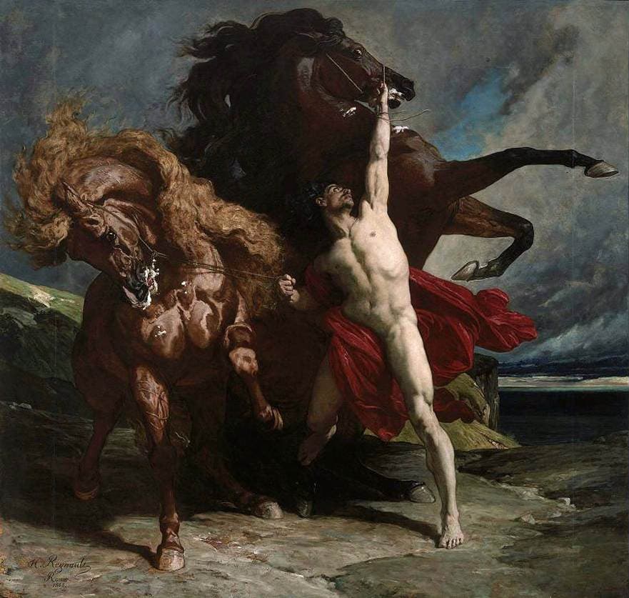 Henri Regnault, 1868, olej na płótnie, Museum of Fine Arts w Bostonie - nagi do pasa młody mężczyzna stoi szeroko rozkroczony na skalnym występie nad morzem i obiema rękami mocuje się z dwoma wielkimi końmi, które wspinają się przed nim na tylne nogi; jedną rękę ma uniesioną tuż przy pysku ciemnego konia, drugą zaciśniętą nisko na rzemieniu, płaszcz zsuwa mu się z bioder, a nad całą sceną kłębi się ciemne, burzowe niebo
