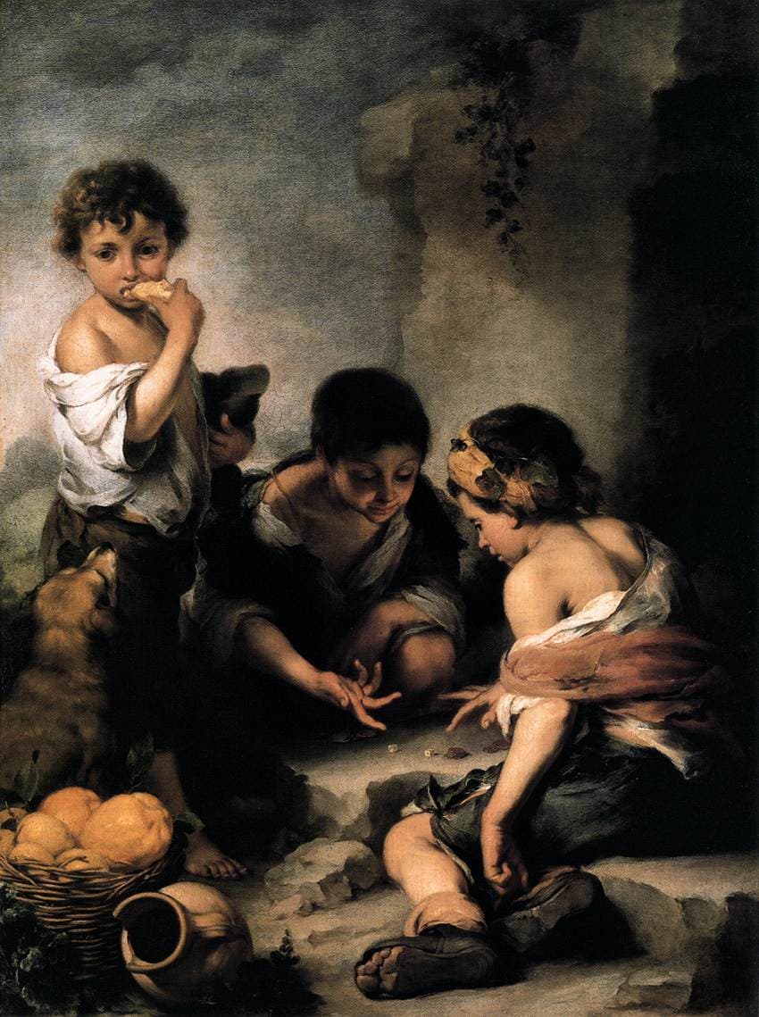 Bartolomé Esteban Murillo, ok. 1675, olej na płótnie - w cieniu przy kamiennym murze kucają i siedzą na ziemi trzej chłopcy w podartych, spłowiałych ubraniach; dwaj pochylają się nad kostkami rzuconymi na płytę, trzeci opiera się z boku z kawałkiem chleba przy ustach, a u ich nóg leży pies, stoi gliniany dzban i kosz z owocami