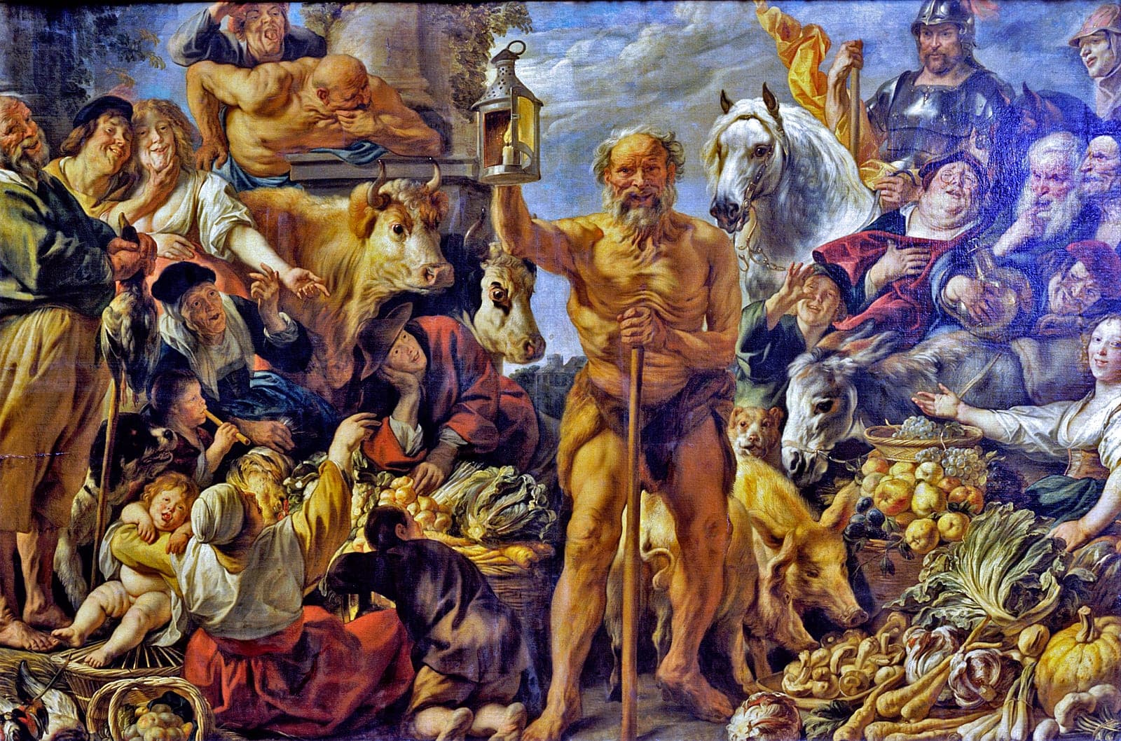 Jacob Jordaens, Diogenes szukający uczciwego człowieka, ok. 1642 - półnagi starzec z zapaloną latarnią i kijem idzie przez zatłoczony targ pełen ludzi, bydła, psów i koszy z owocami, a część otaczających go przekupniów patrzy na niego z rozbawieniem