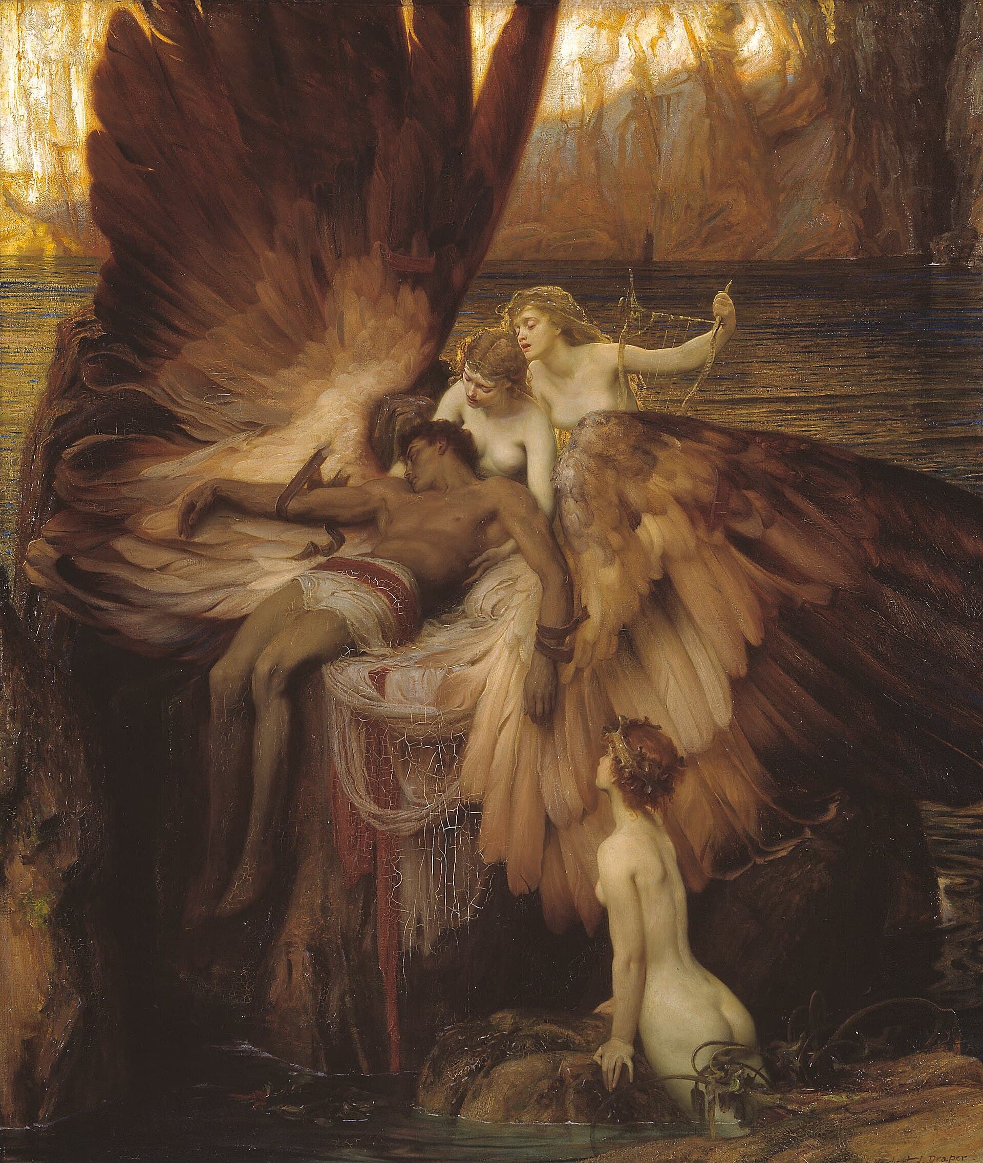 Herbert James Draper, Lament nad Ikarem, 1898 — niemal całą szerokość pionowego płótna wypełniają rozpostarte, ogromne skrzydła z brązowo-złotych piór. Leży w nich młody mężczyzna o ogorzałej skórze, z głową opadłą na bok; nad nim pochylają się dwie jasne, nagie kobiety, jedna z małą lirą w uniesionej dłoni, trzecia klęczy niżej na skale odwrócona plecami, a w głębi ciemna woda i urwisko rozświetlone złotem.