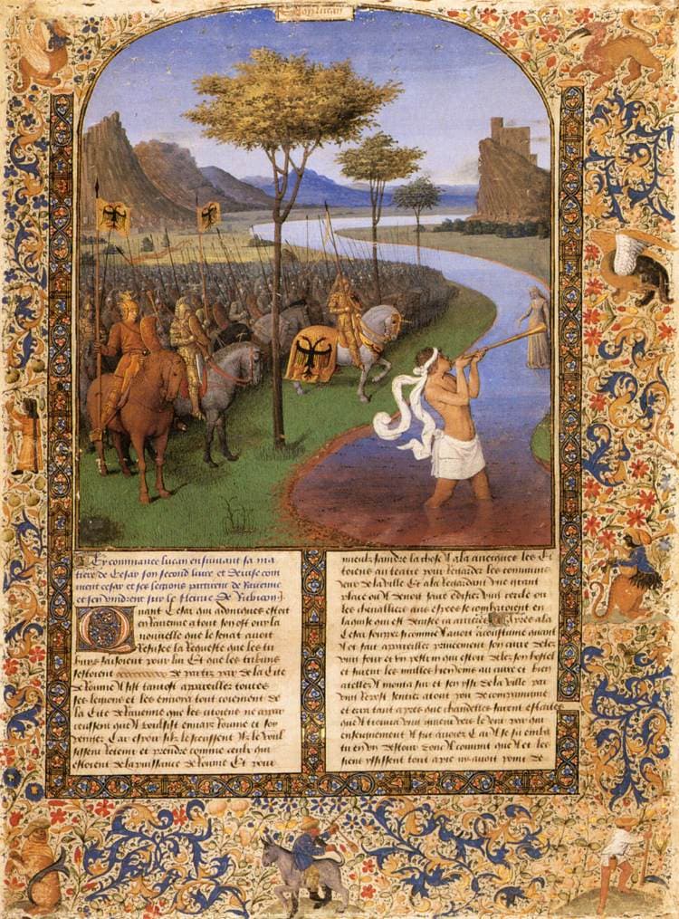 Jean Fouquet, Cezar przekraczający Rubikon, ok. 1470, miniatura - późnośredniowieczna iluminacja: Juliusz Cezar w zbroi, na koniu, wiedzie oddział konnych żołnierzy w bród przez rzekę Rubikon; woda sięga koniom do nóg, powiewają sztandary, a cała scena chwyta moment decydującego, nieodwracalnego przekroczenia granicy, zza której nie ma już odwrotu