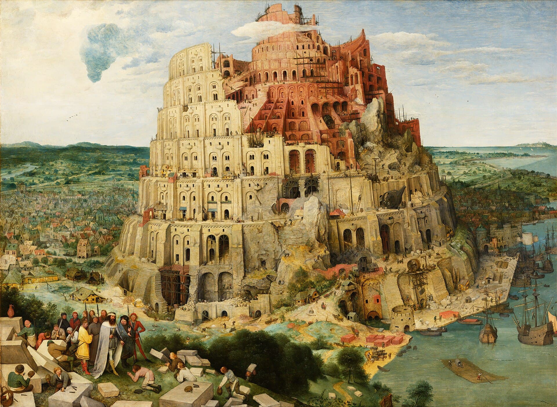 Pieter Bruegel Starszy, Wieża Babel wersja wiedeńska 1563, Kunsthistorisches Museum — klasyczne wizualne budowanie świata, kompleksowa konstrukcja architektury z setkami mikroszczegółów, mit założycielski w jednej kompozycji