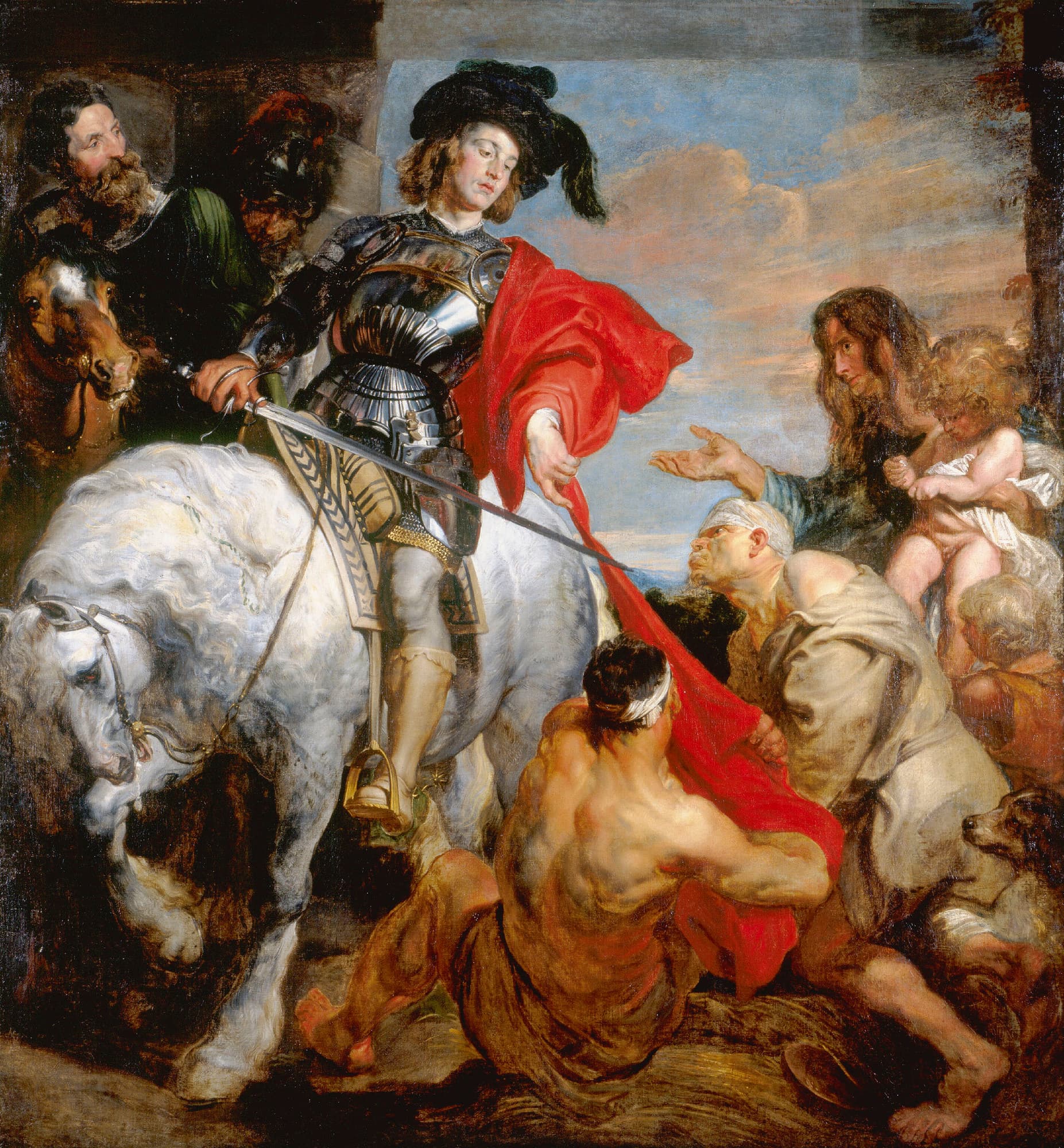 Anthony van Dyck, ok. 1620, olej - młody jeździec w lśniącej zbroi siedzi na siwym koniu, w uniesionej dłoni trzyma miecz, a czerwone sukno spływa mu z ramienia w dół, ku ludziom stojącym przy koniu; jeden z nich, półnagi i bosy, wyciąga po tkaninę ręce, drugi kuca pod brzuchem konia i ciągnie ją do siebie, a z prawej strony stoi kobieta z nagim dzieckiem na ręku