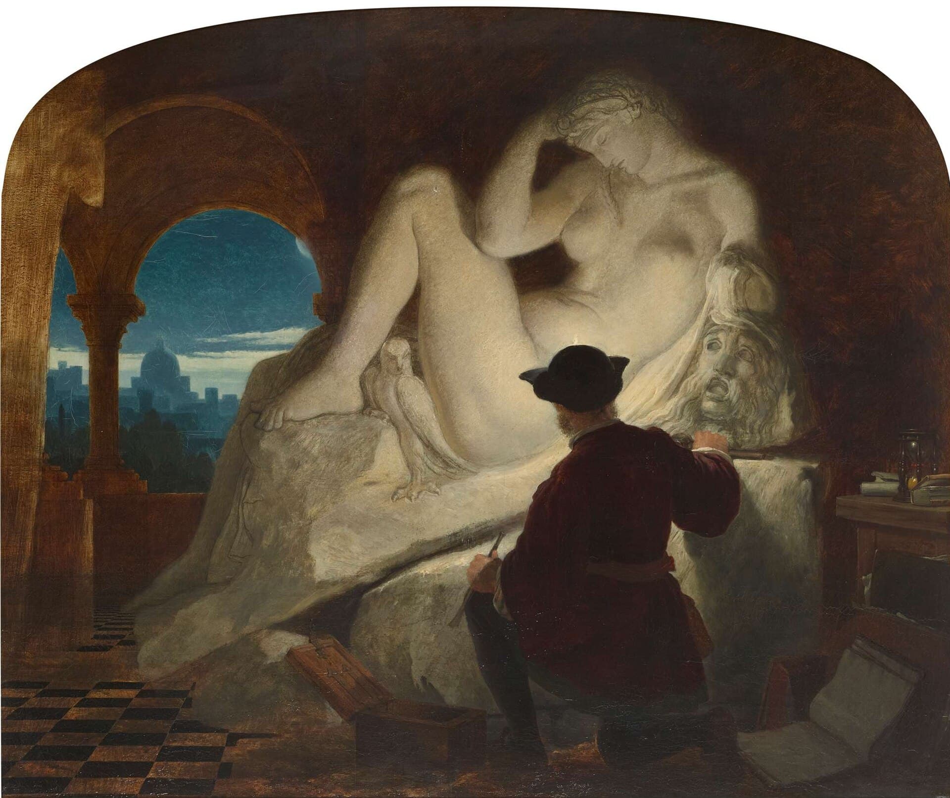 Joseph Noel Paton, Michał Anioł rzeźbiący Noc, XIX w., olej - rzeźbiarz w ciemnoczerwonym kaftanie i czarnym kapeluszu, widziany od tyłu, kuca z dłutem przy wielkiej białej figurze leżącej kobiety; pod jej kolanem wykuta sowa, obok marmurowa maska, na stole z prawej klepsydra