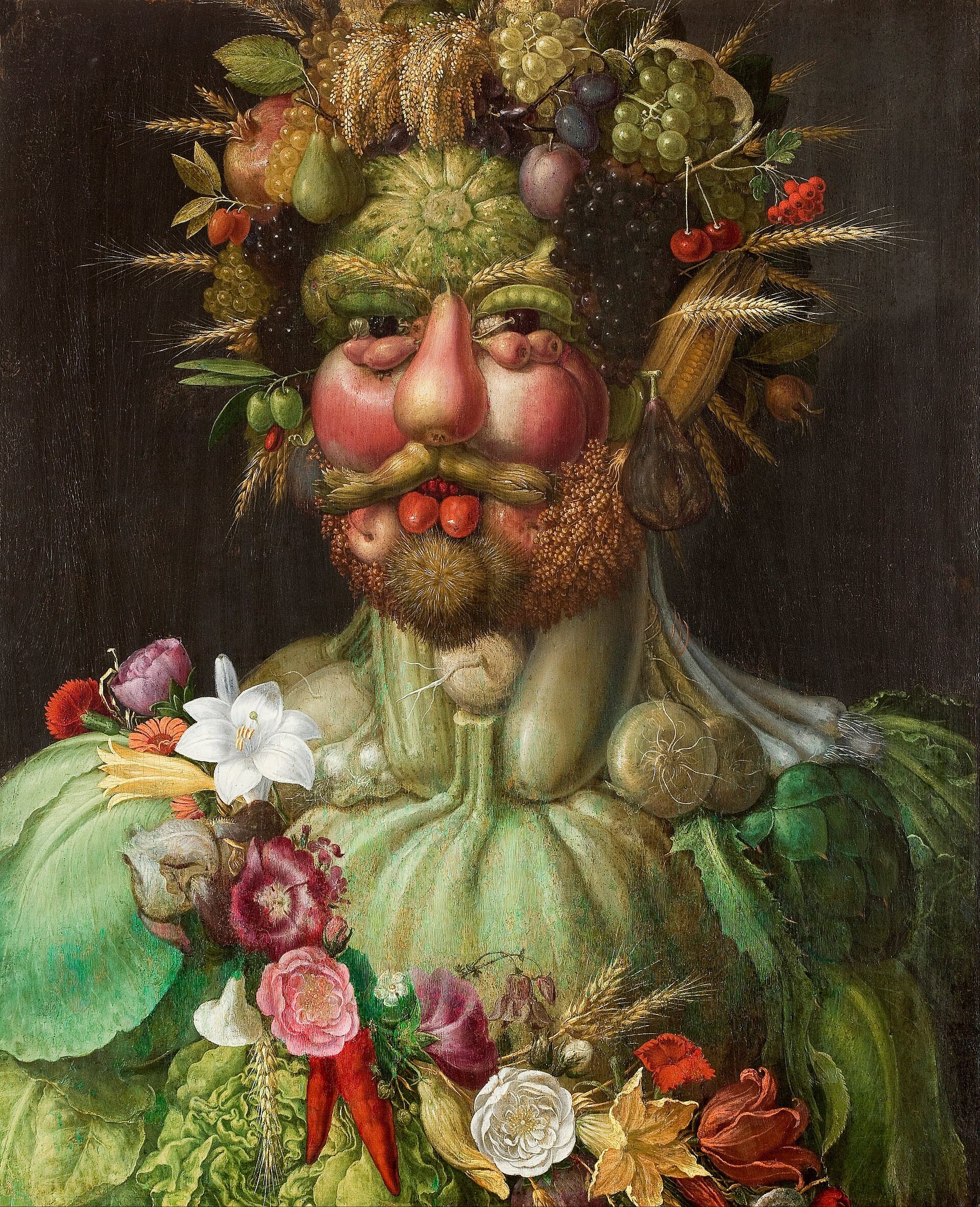 Giuseppe Arcimboldo, Vertumnus (1591) — portret cesarza Rudolfa II złożony w całości z owoców, kwiatów i warzyw, czytany naraz jako kosz plonów i jako twarz
