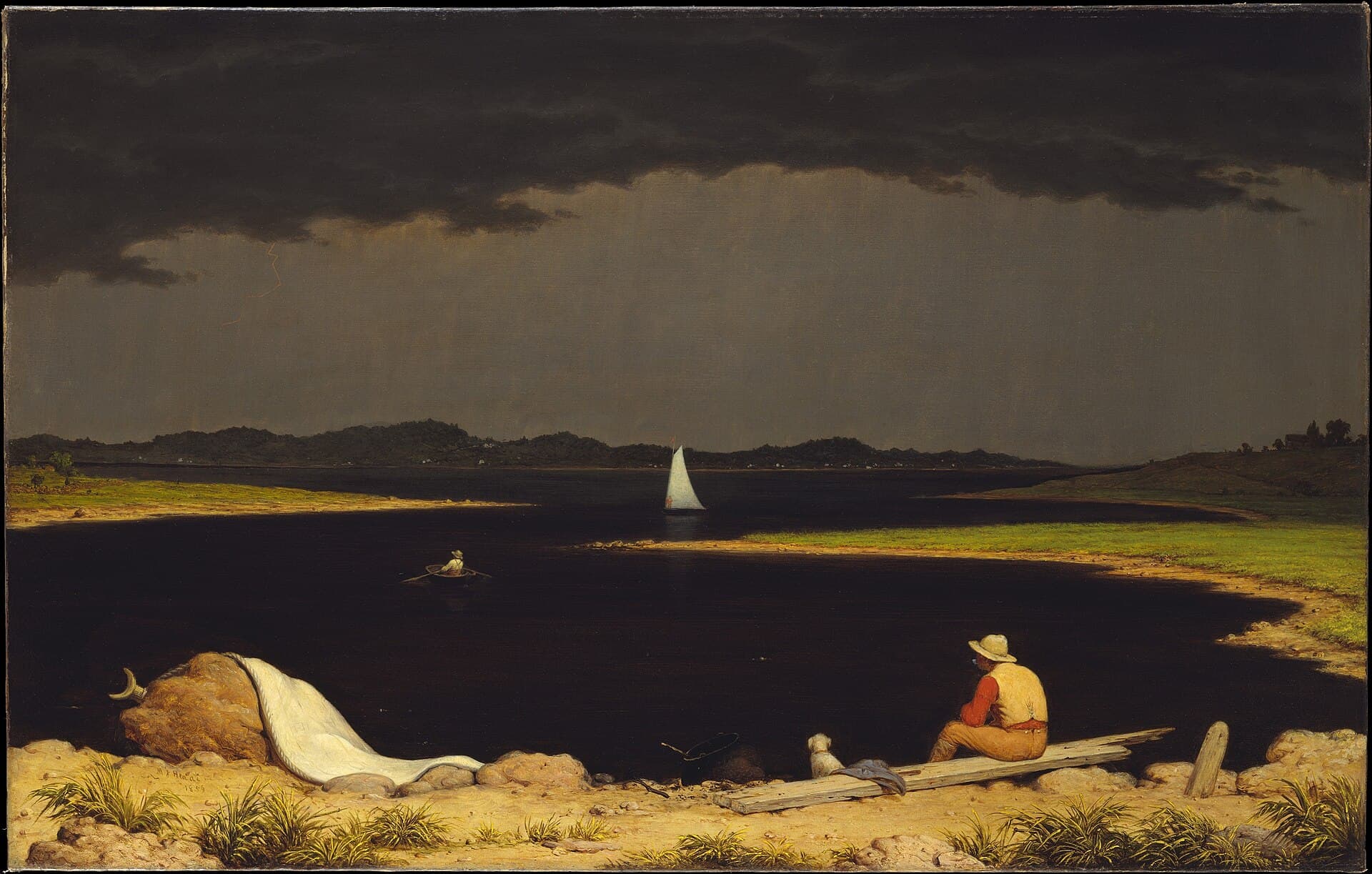 Martin Johnson Heade, Nadciągająca burza (1859) - nieruchoma tafla zatoki pod czarniejącym niebem przed burzą