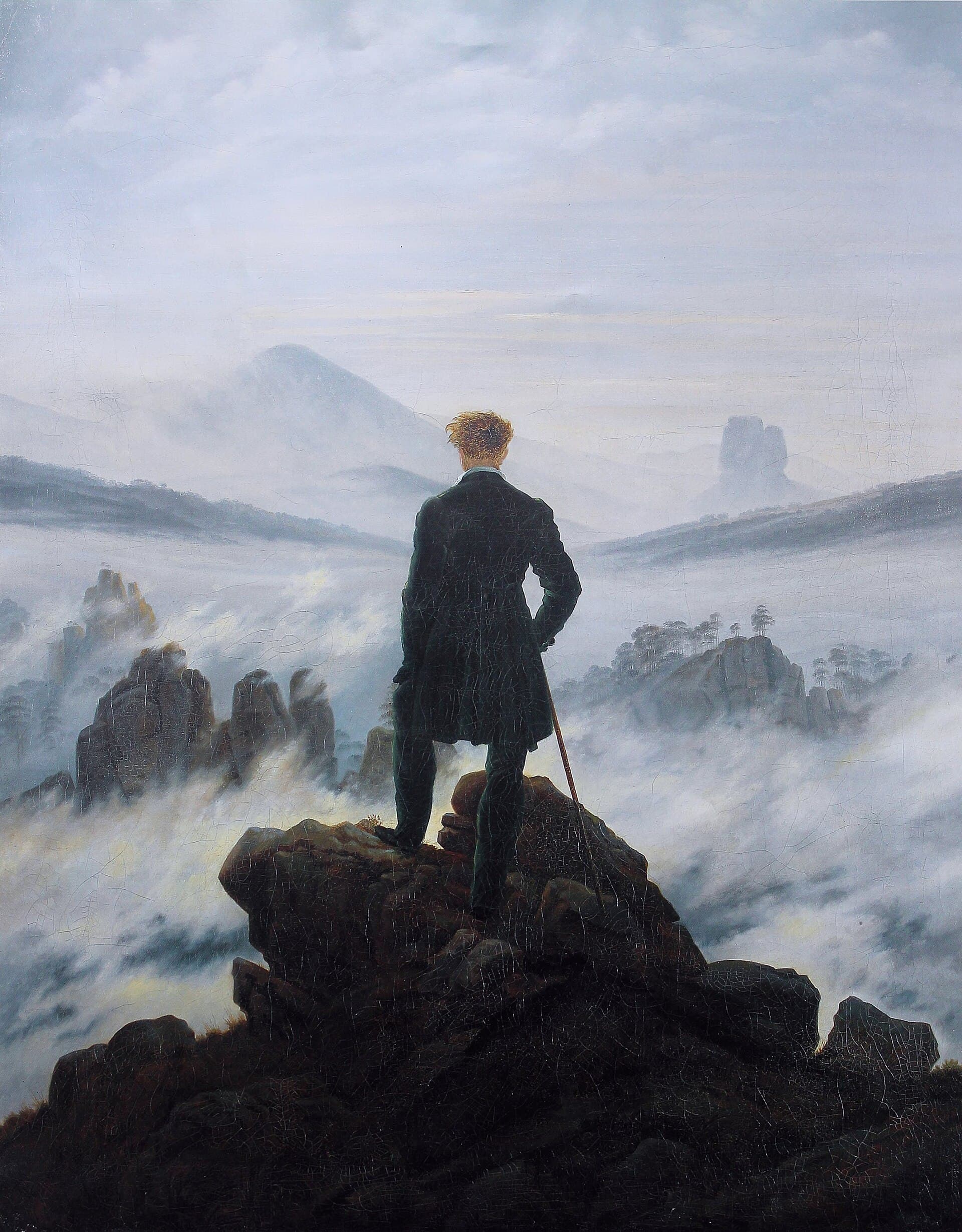 Caspar David Friedrich, Wędrowiec nad morzem mgły ok. 1818, Hamburger Kunsthalle — klasyczna wizualizacja absolutnej ciszy w sztuce zachodniej
