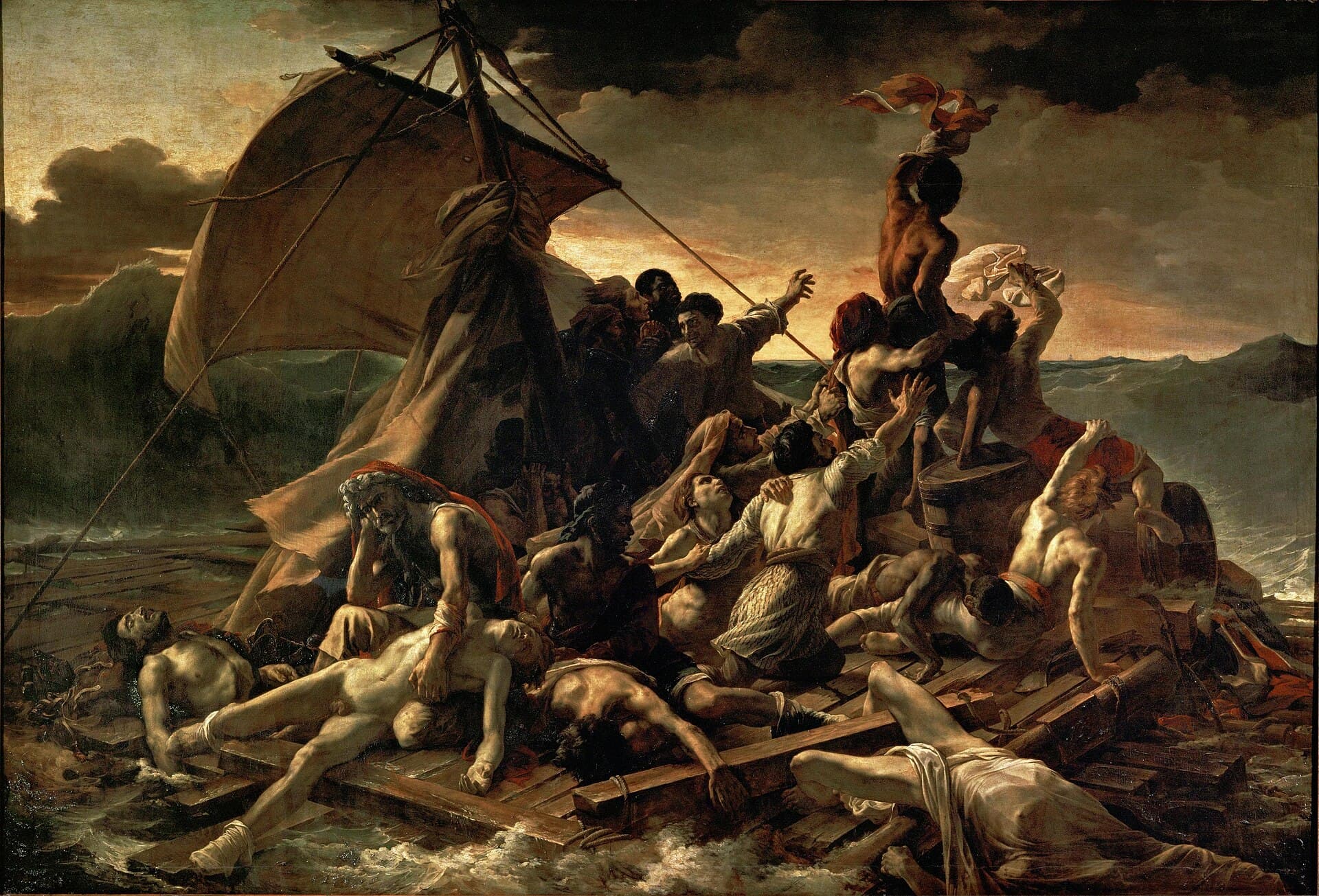 Paul Delaroche, Dzieci Edwarda, 1830, Luwr w Paryżu — ciemna komnata, po prawej wielkie łoże z rzeźbionym cokołem i odsuniętą zieloną kotarą. Na łożu siedzą obok siebie dwaj chłopcy w czerni, starszy obejmuje młodszego. Na kolanach mają otwartą, iluminowaną księgę, ale obaj oderwali od niej wzrok i patrzą w lewo, poza krawędź obrazu. Mały piesek u podnóża łoża zwrócił się w tę samą stronę. Z brzegu posłania zsuwa się na podłogę biała kartka. Poza dwiema twarzami i księgą wszystko tonie w mroku.