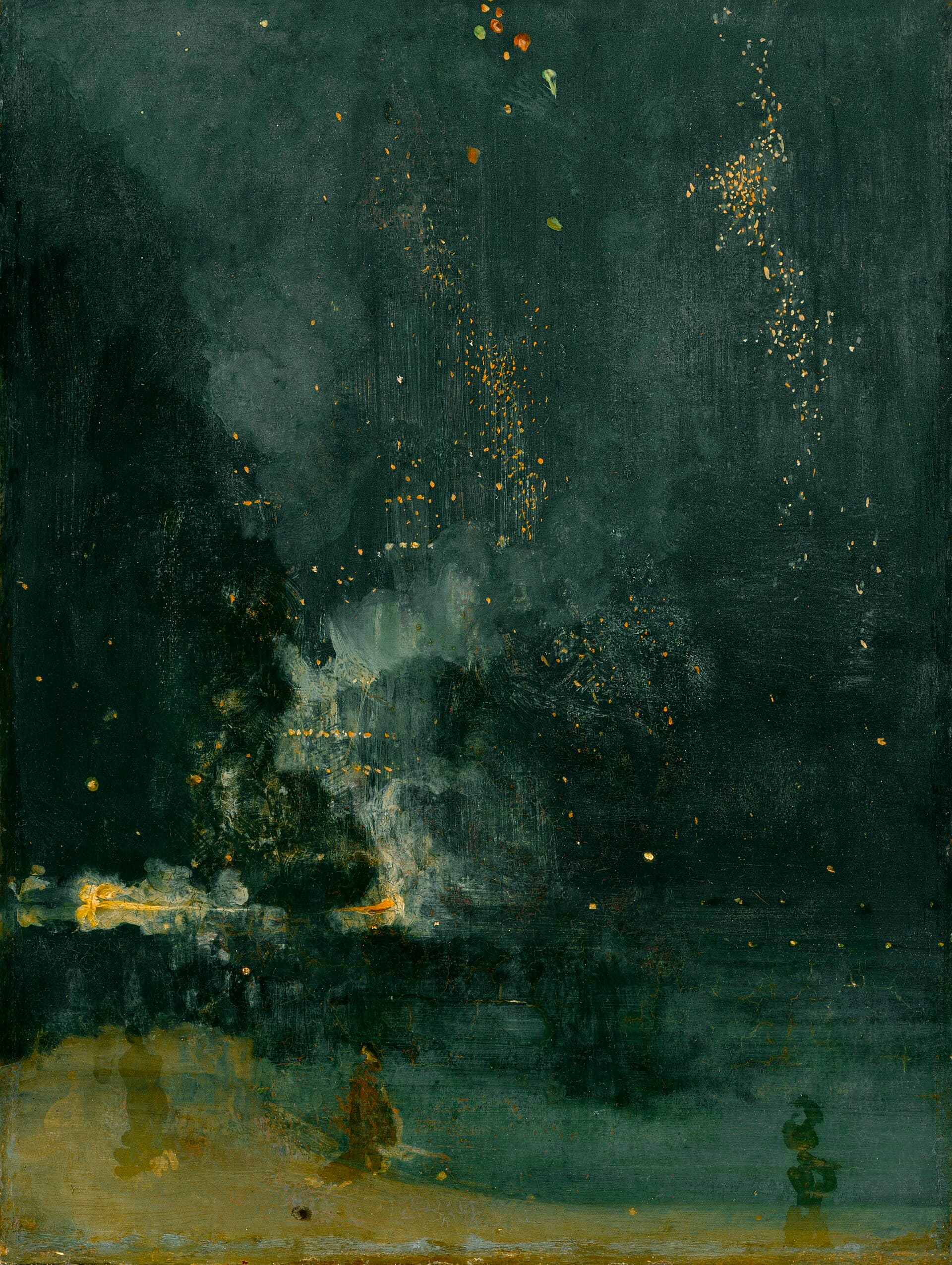 James Whistler, Nokturn w czerni i złocie: spadająca raca ok. 1875, Detroit Institute of Arts — nocne fajerwerki nad Tamizą sprowadzone do kilku świetlistych dotknięć w ciemności, bez szczegółów i tłumu; malarstwo jako odejmowanie do esencji