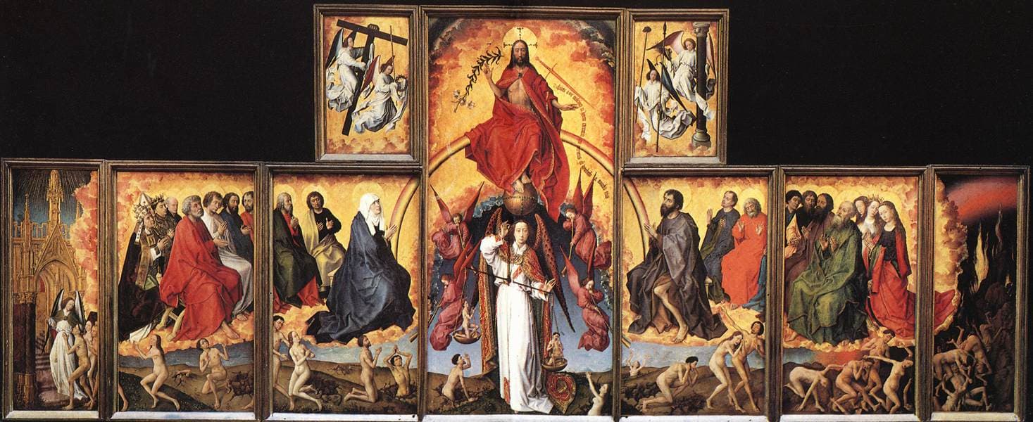 Rogier van der Weyden, Sąd Ostateczny (poliptyk z Beaune), ok. 1445–50 — rozłożony, wieloczęściowy ołtarz: u góry Chrystus zasiada na tęczy jako sędzia, a tuż pod nim archanioł Michał trzyma wagę i waży na niej dusze zmarłych; po prawej stronie Chrystusa zbawieni zmierzają ku złotej bramie nieba, po lewej potępieni osuwają się ku piekłu; cała ludzkość przechodzi przez jeden moment osądu