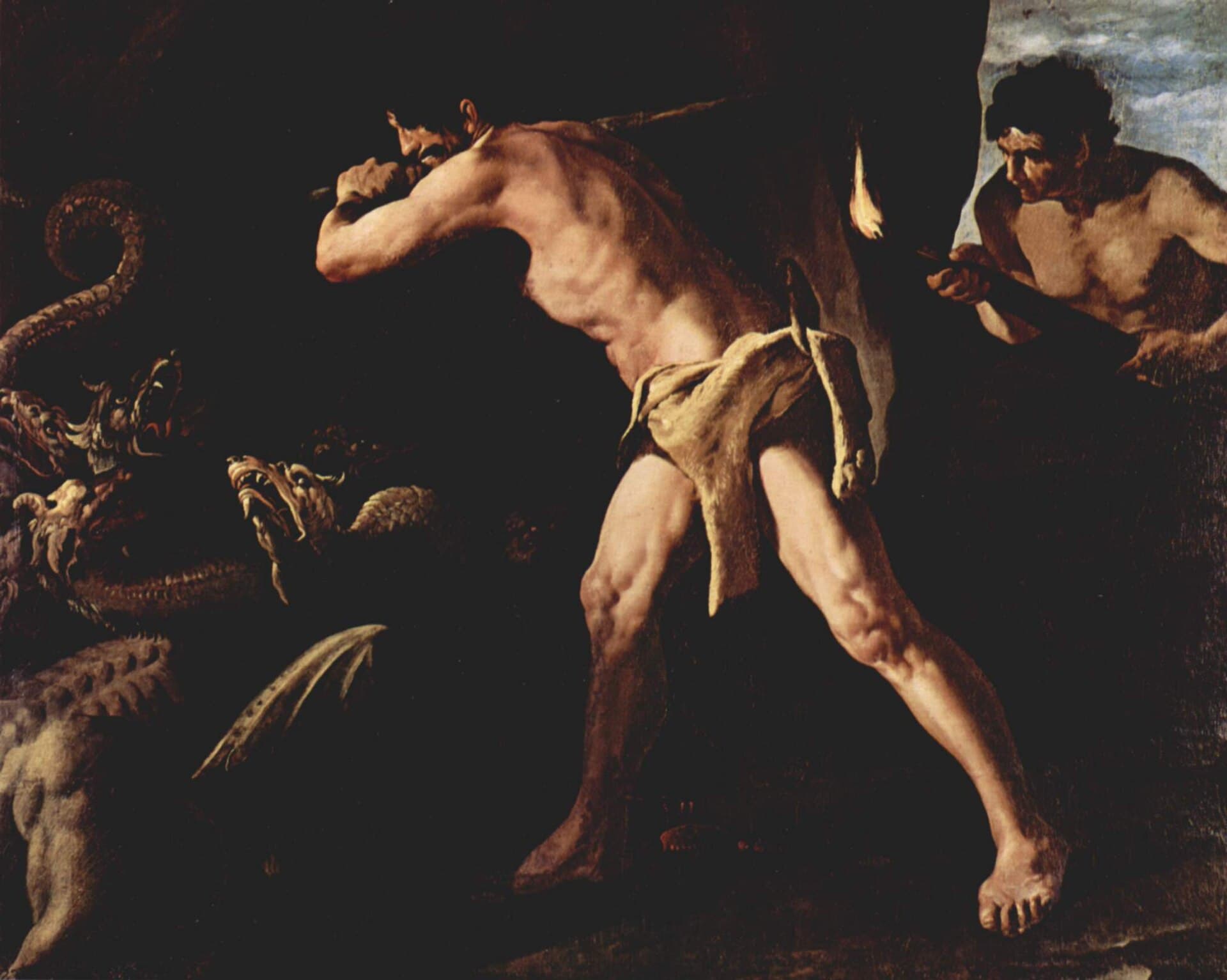 Francisco de Zurbarán, Herkules i hydra lernejska, 1634 - Herkules walczy z wielogłowym potworem, w którym po odcięciu łba wyrastają nowe