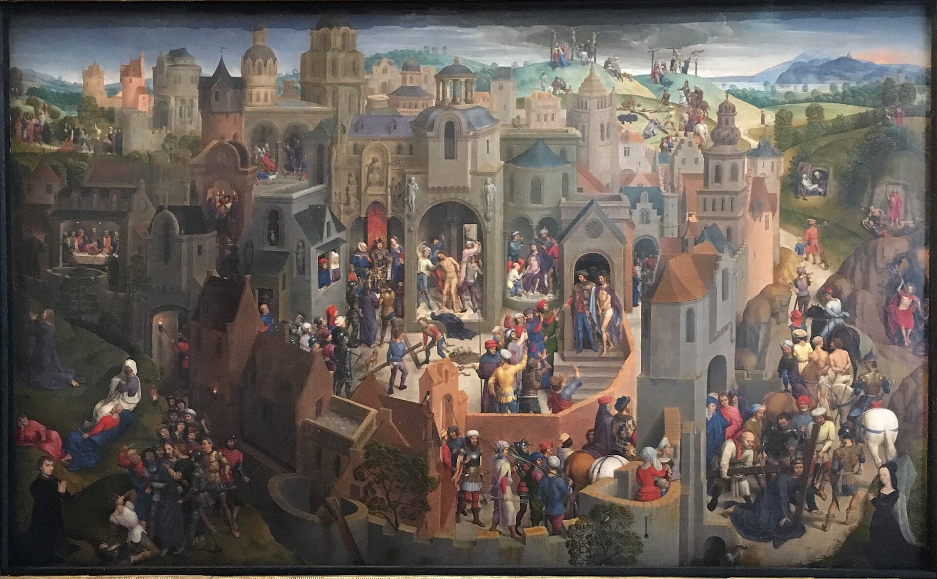 Hans Memling, Sceny z Męki Pańskiej, około 1470 — panorama Jerozolimy widziana z góry, z murami, bramami, ulicami i gęstą zabudową rozłożoną na całej powierzchni malowidła. Wśród budynków i na wzgórzach dokoła rozmieszczono kilkadziesiąt drobnych scenek z licznymi postaciami. Ta sama główna postać powraca w wielu z nich, prowadząc wzrok od bramy miejskiej w lewym górnym rogu, przez dziedzińce i uliczki, aż po wzgórze z krzyżami przy prawej krawędzi.